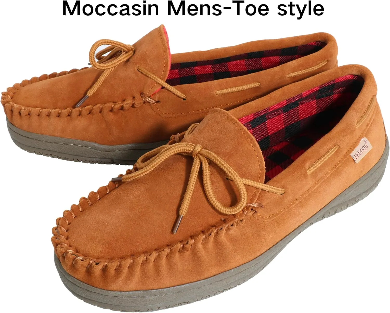 Slippers for Mens House Shoes Moccasin with Genuine suede Upper Flanel Lining Comfortable Memory Foam Rubber Soles Indoor Outdoor