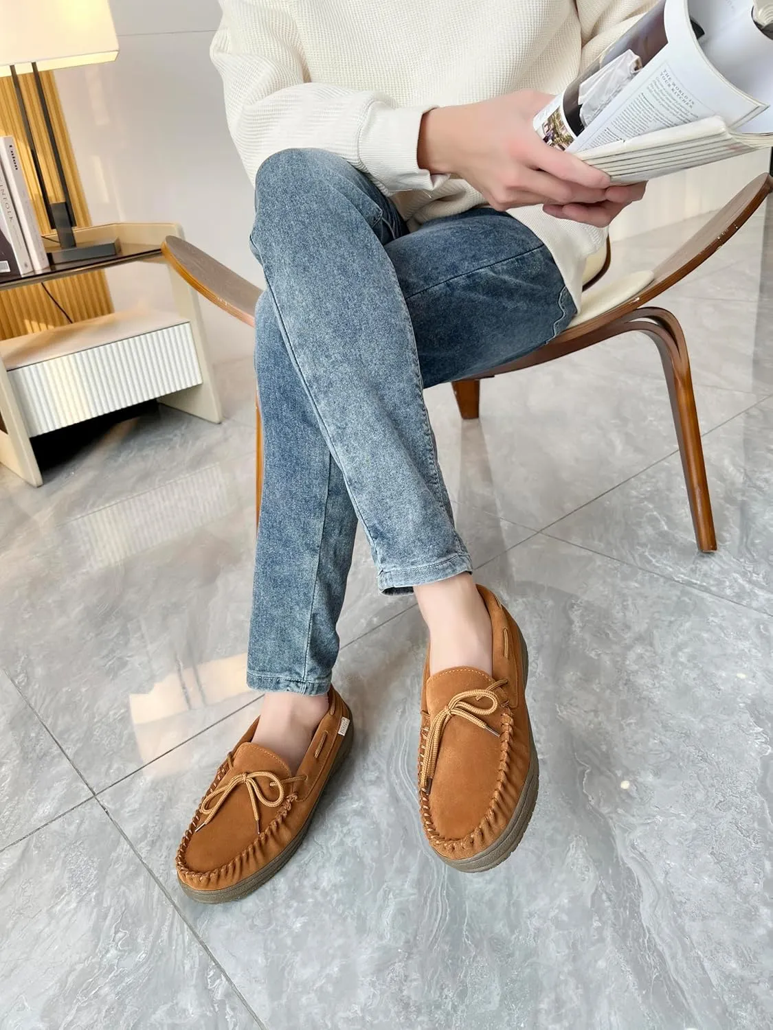 Slippers for Mens House Shoes Moccasin with Genuine suede Upper Flanel Lining Comfortable Memory Foam Rubber Soles Indoor Outdoor