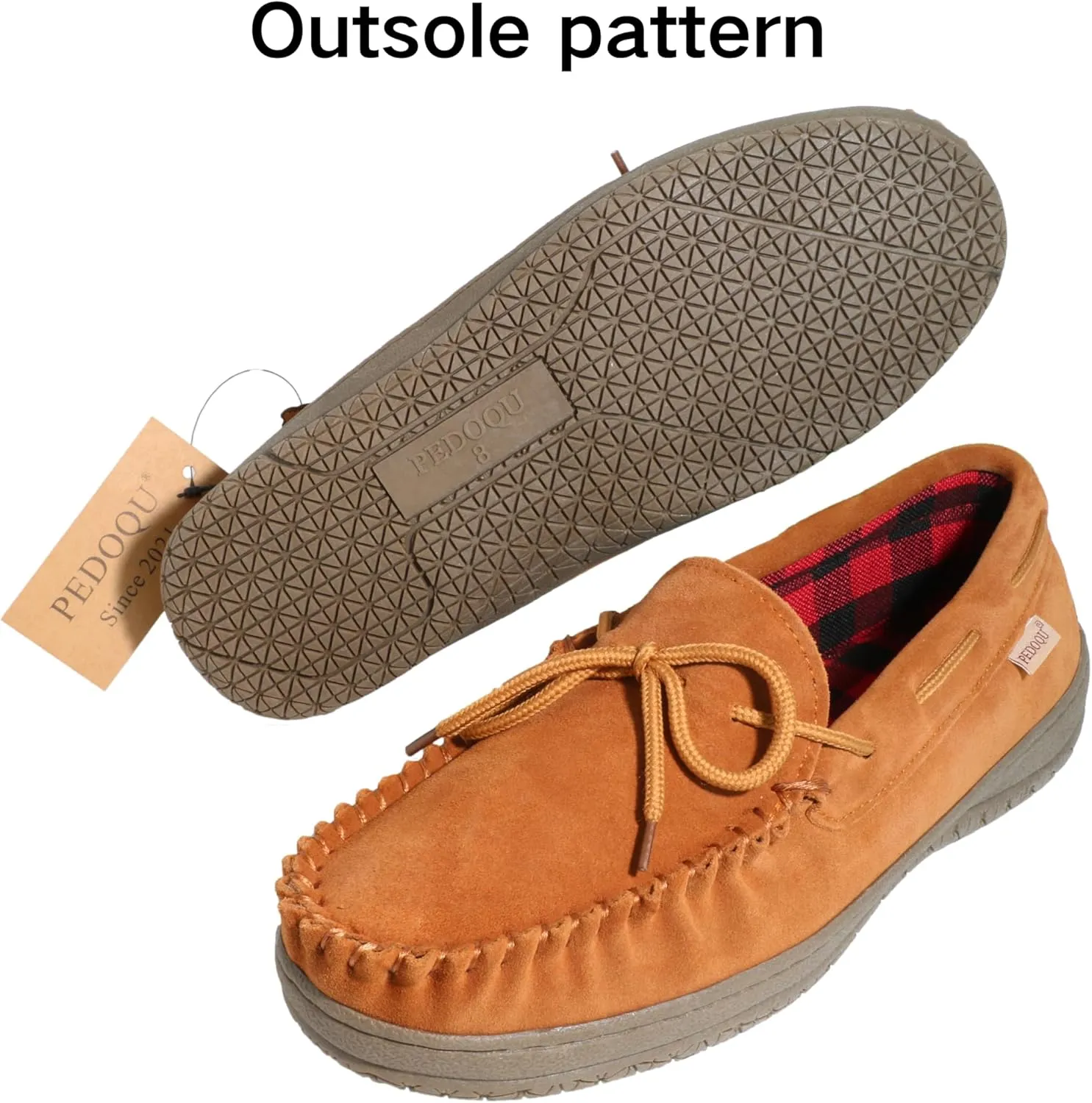 Slippers for Mens House Shoes Moccasin with Genuine suede Upper Flanel Lining Comfortable Memory Foam Rubber Soles Indoor Outdoor