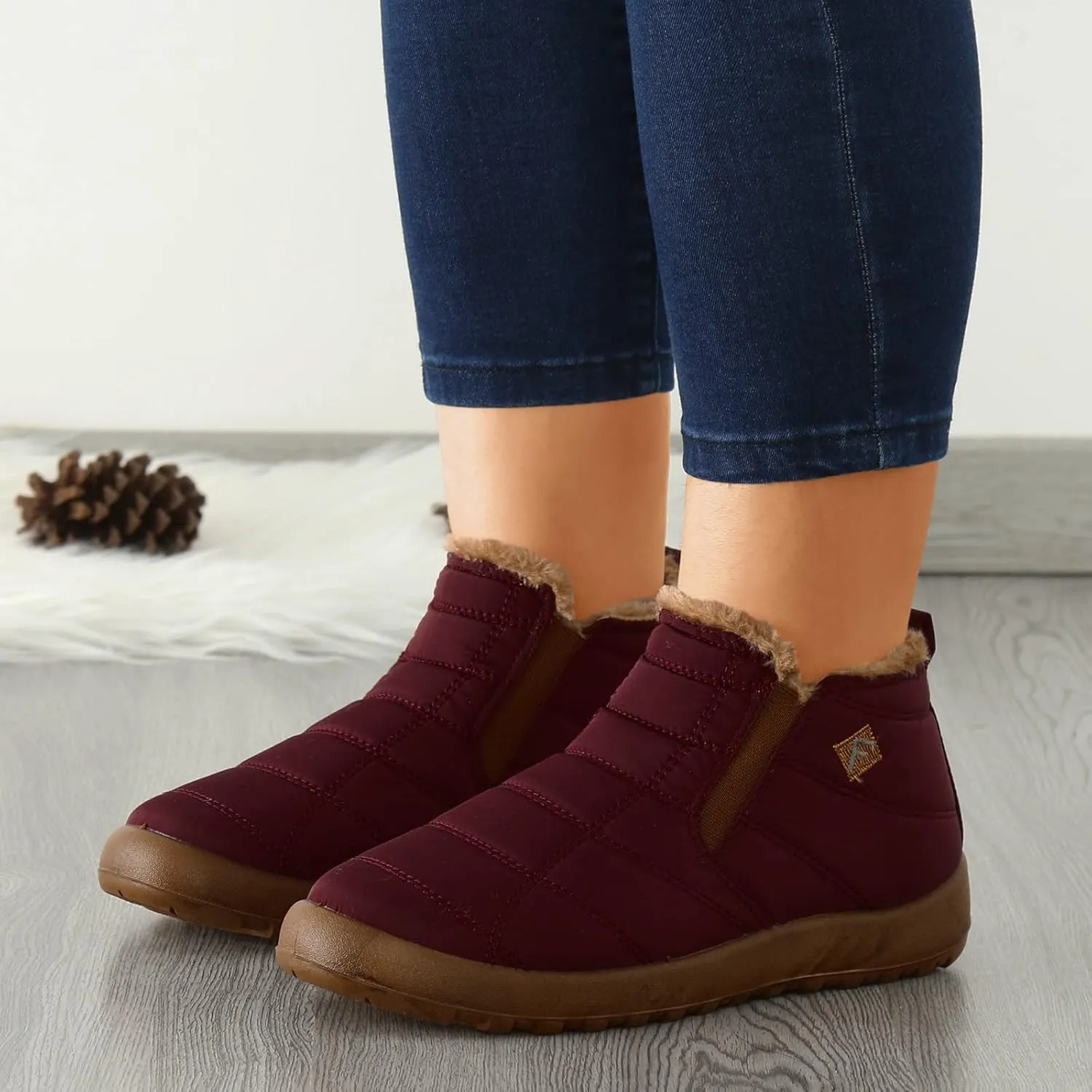 Snow Boots for Women Arch Support Womens Winter Shoes Slip On Ankle Booties Anti-Slip Water Resistant Fully Fur Lined Outdoor Flat Sneakers Thickening Shoes Wide Width Short Boots Shoes