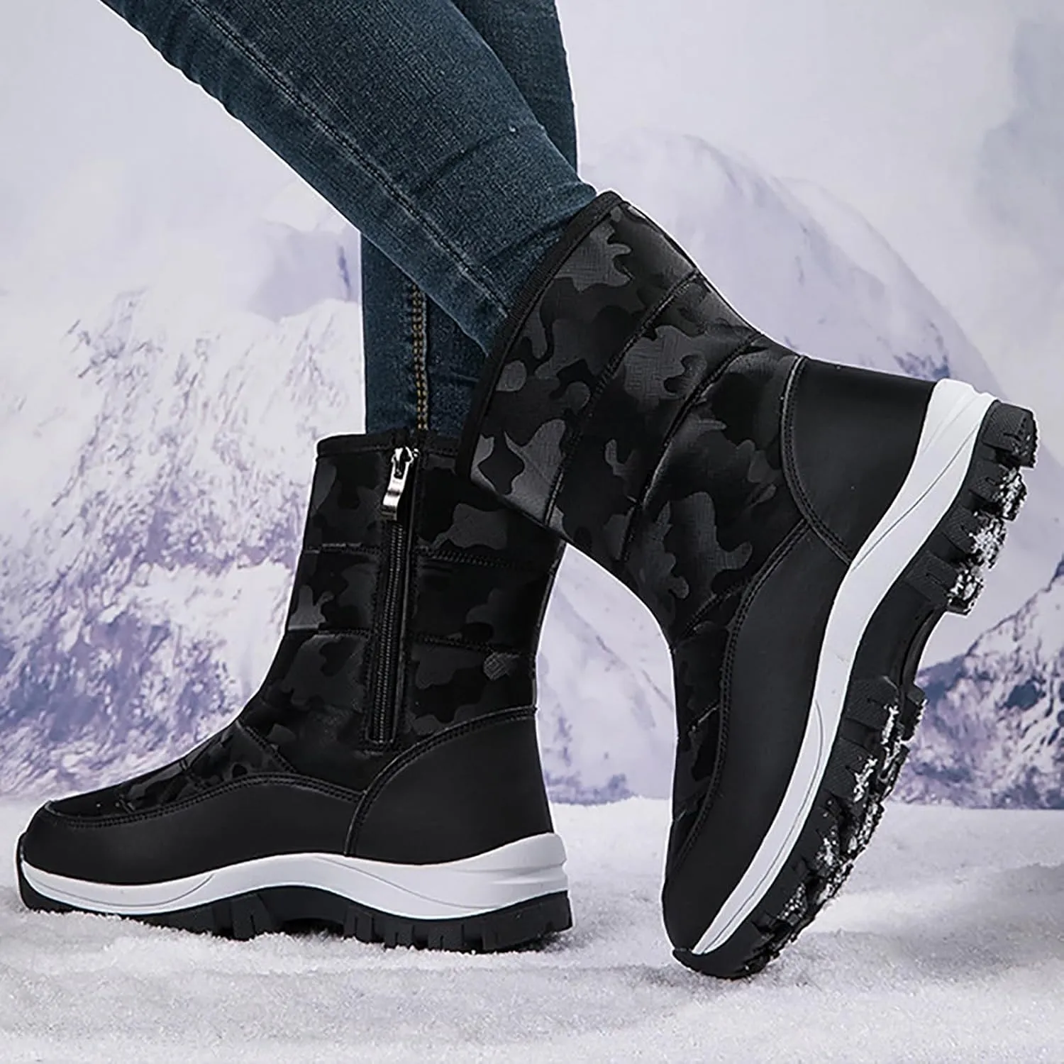 Snow Boots for Women Winter Shoes Water-proof Insulated Mid-Calf Booties Cold Weather Warm Fleece Lined Wide Outdoor Boot Platform Fashion High-Top Sneakers Comfortable Slip On Boots for Women