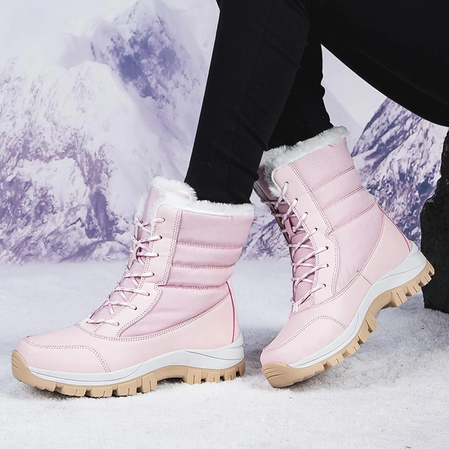Snow Boots for Women - Women's Winter Snow Boots Warm Insulated Fleece Lined Winter Boots Anti Slip Ankle Boots Casual Lace Up Mid Calf Booties Comfortable Slip On Outdoor Walking Shoes