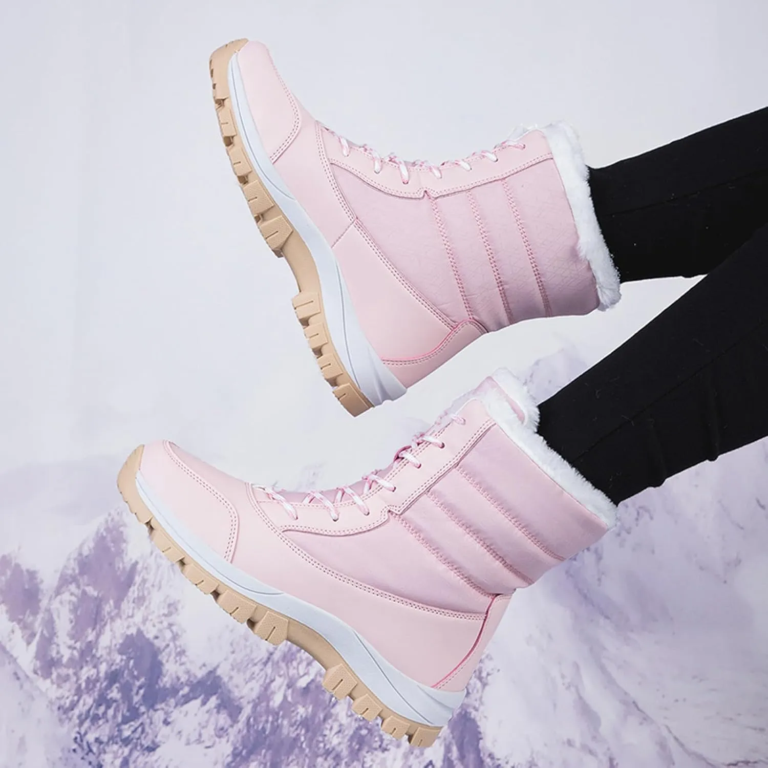 Snow Boots for Women - Women's Winter Snow Boots Warm Insulated Fleece Lined Winter Boots Anti Slip Ankle Boots Casual Lace Up Mid Calf Booties Comfortable Slip On Outdoor Walking Shoes