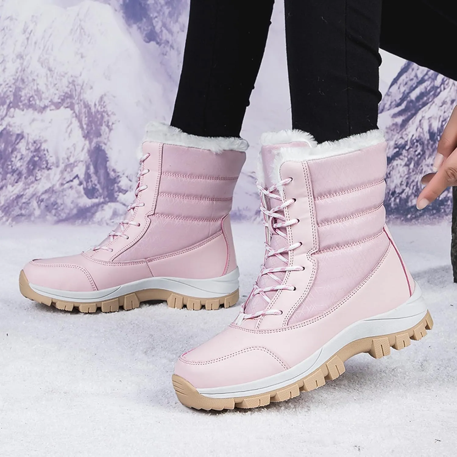 Snow Boots for Women - Women's Winter Snow Boots Warm Insulated Fleece Lined Winter Boots Anti Slip Ankle Boots Casual Lace Up Mid Calf Booties Comfortable Slip On Outdoor Walking Shoes