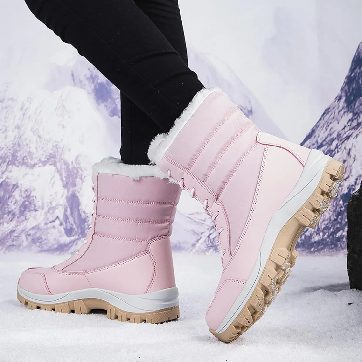Snow Boots for Women - Women's Winter Snow Boots Warm Insulated Fleece Lined Winter Boots Anti Slip Ankle Boots Casual Lace Up Mid Calf Booties Comfortable Slip On Outdoor Walking Shoes