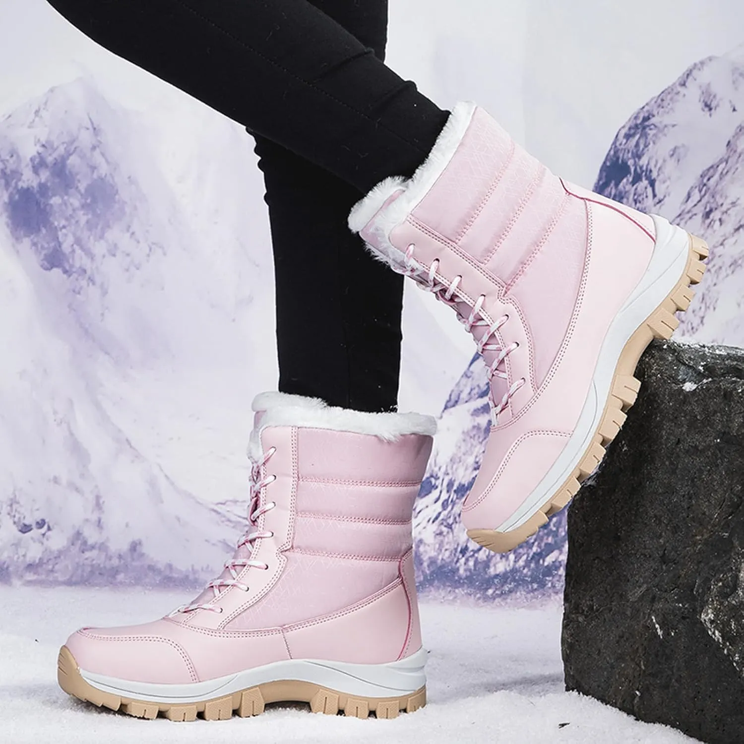 Snow Boots for Women - Women's Winter Snow Boots Warm Insulated Fleece Lined Winter Boots Anti Slip Ankle Boots Casual Lace Up Mid Calf Booties Comfortable Slip On Outdoor Walking Shoes
