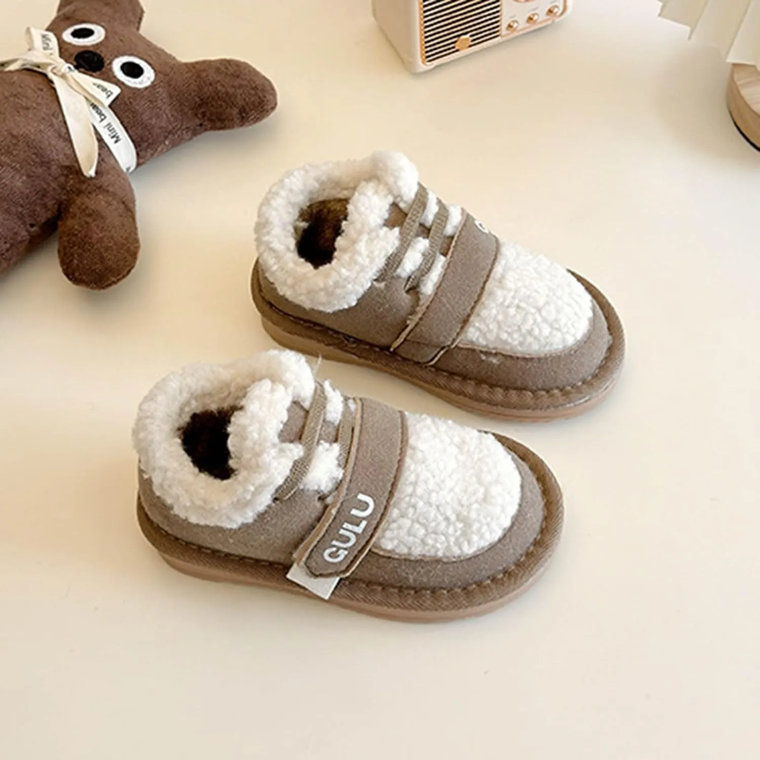 Snow Sneakers for Boys Girls, Suede Platform Warm Fr Lined Fashion Slip-on Comfortable Winter Flat Creature Boots