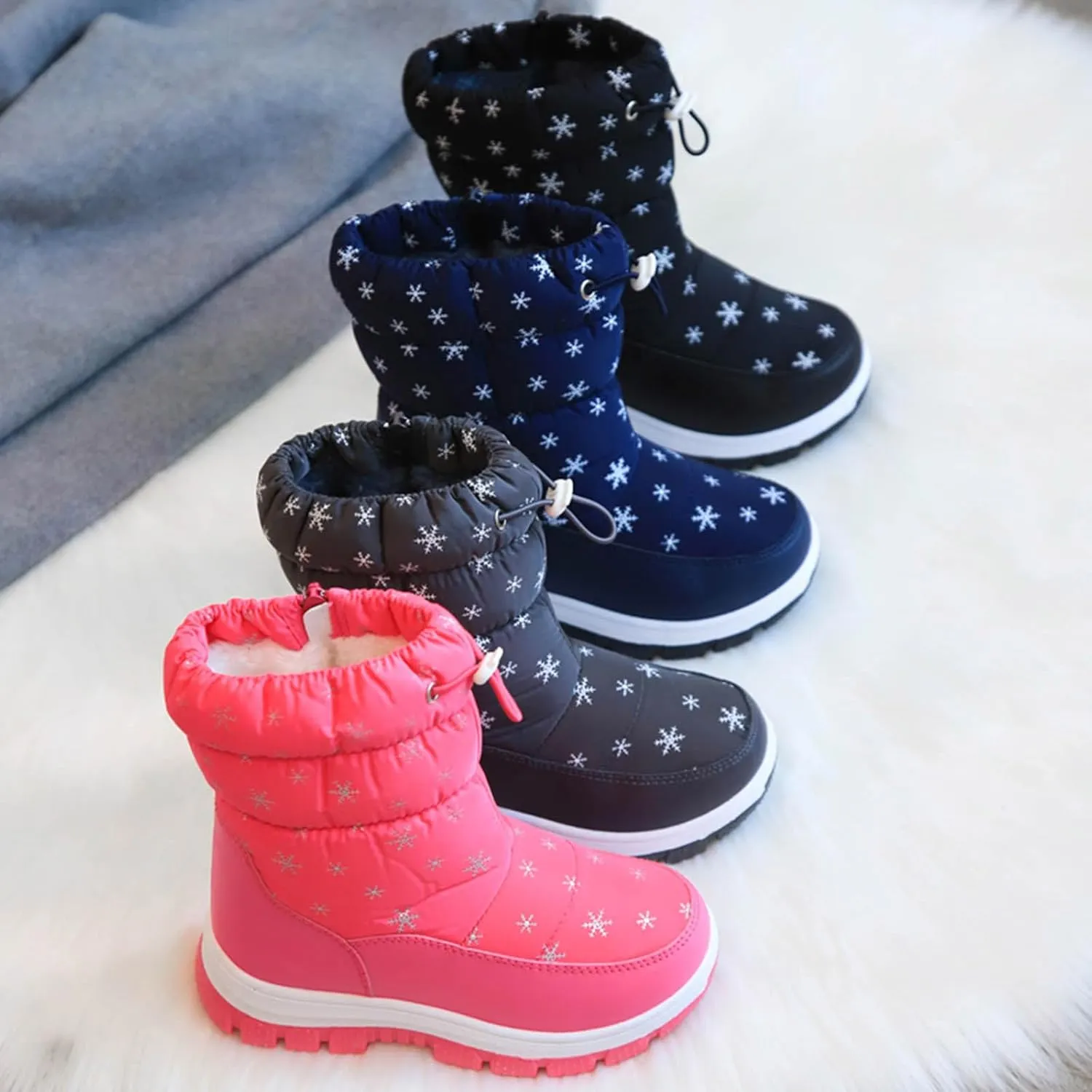 Snowshoes For Kids Thick Soles Non Slip Mid Calf Winter Chunky Snow Boots Girls Fur Lined Boots Insulated Hiking Boots