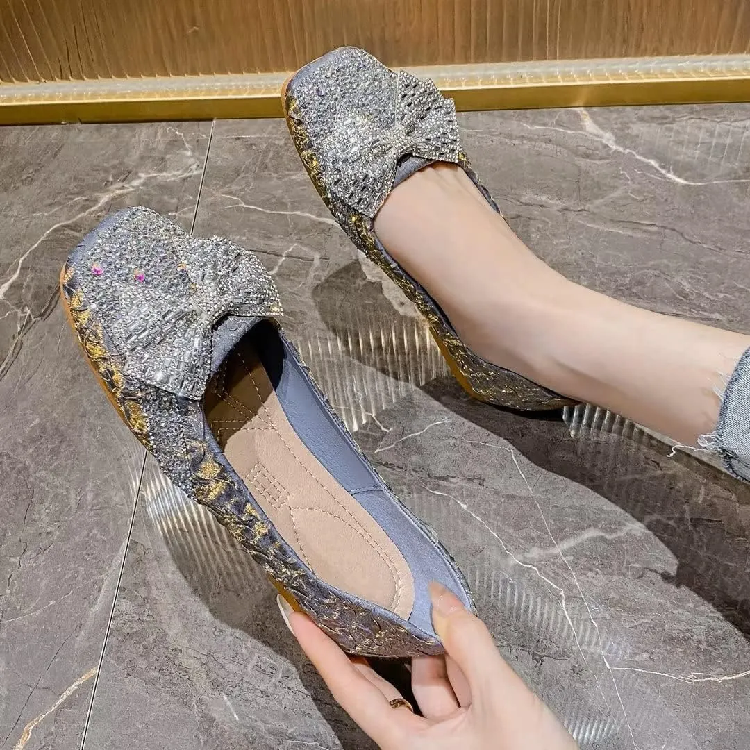 Stunner Flats For Women Comfortable Square Toe Bowknot Ballet Flats Slip On Casual Flats Shiny Rhinestone Wedding Flats