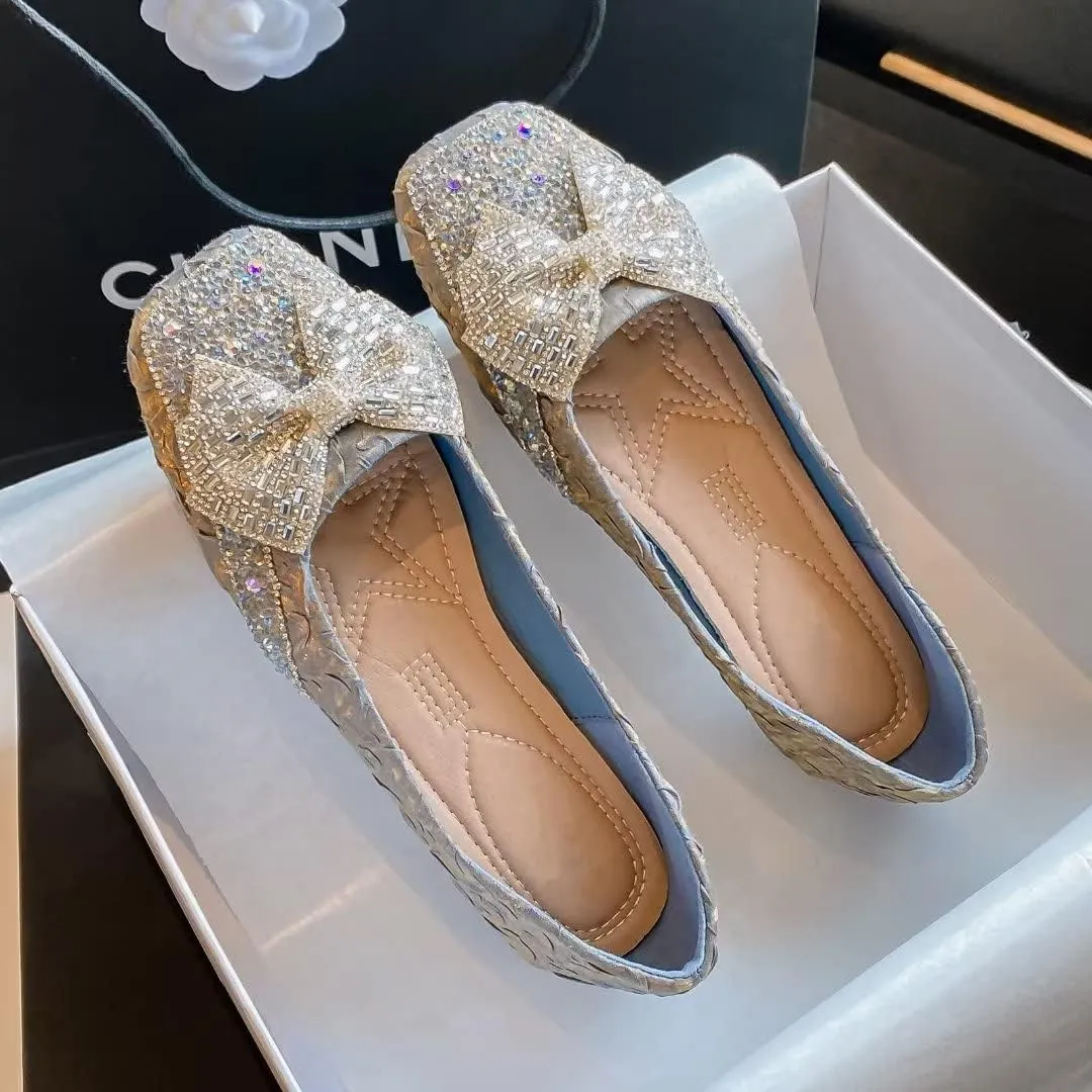 Stunner Flats For Women Comfortable Square Toe Bowknot Ballet Flats Slip On Casual Flats Shiny Rhinestone Wedding Flats