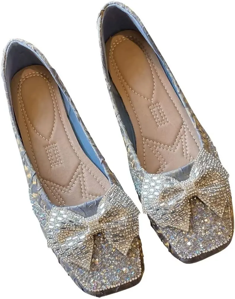 Stunner Flats For Women Comfortable Square Toe Bowknot Ballet Flats Slip On Casual Flats Shiny Rhinestone Wedding Flats