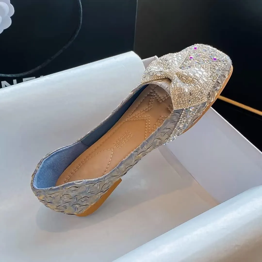 Stunner Flats For Women Comfortable Square Toe Bowknot Ballet Flats Slip On Casual Flats Shiny Rhinestone Wedding Flats