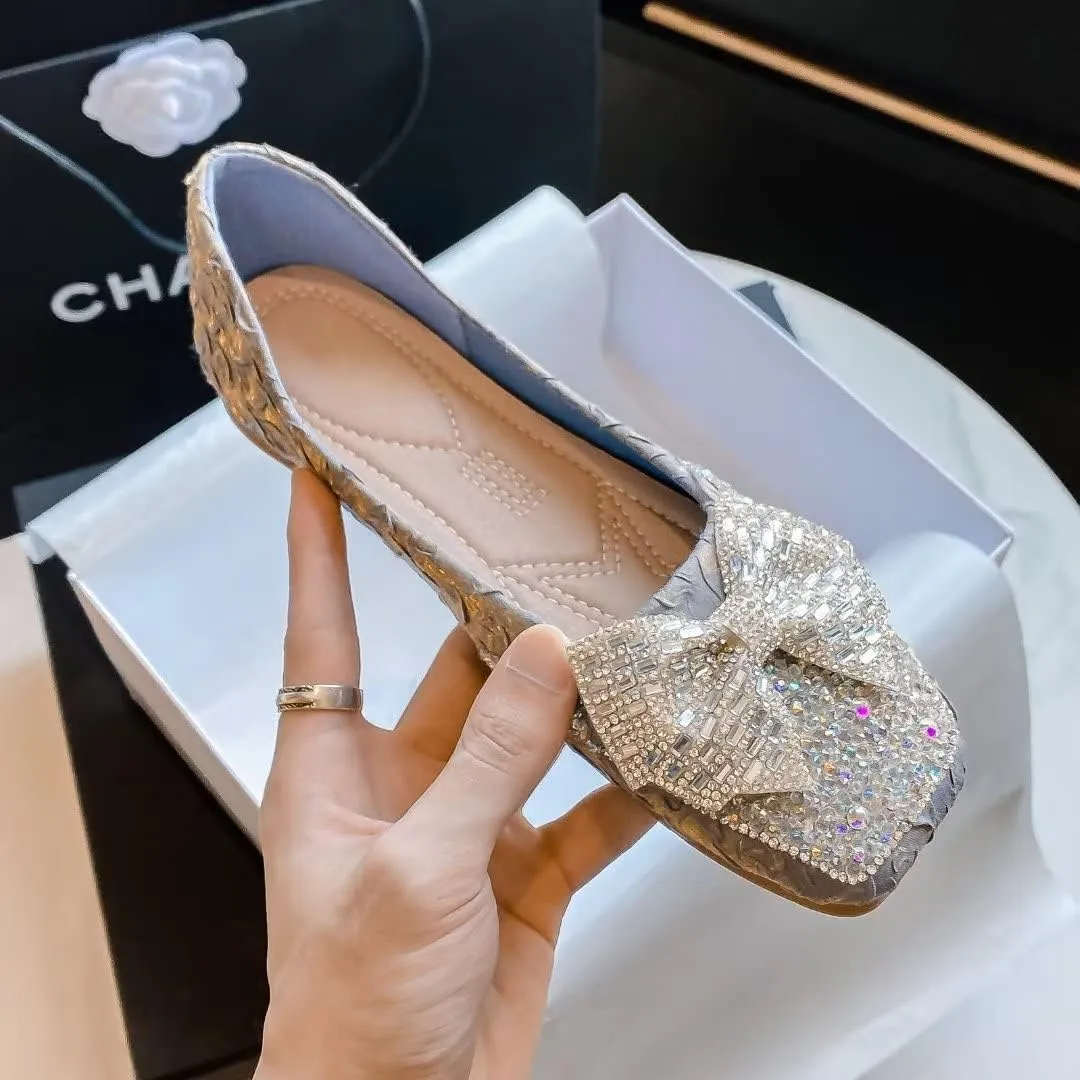 Stunner Flats For Women Comfortable Square Toe Bowknot Ballet Flats Slip On Casual Flats Shiny Rhinestone Wedding Flats