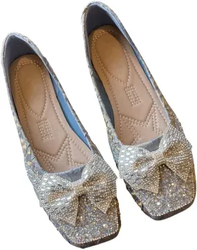Stunner Flats For Women Comfortable Square Toe Bowknot Ballet Flats Slip On Casual Flats Shiny Rhinestone Wedding Flats