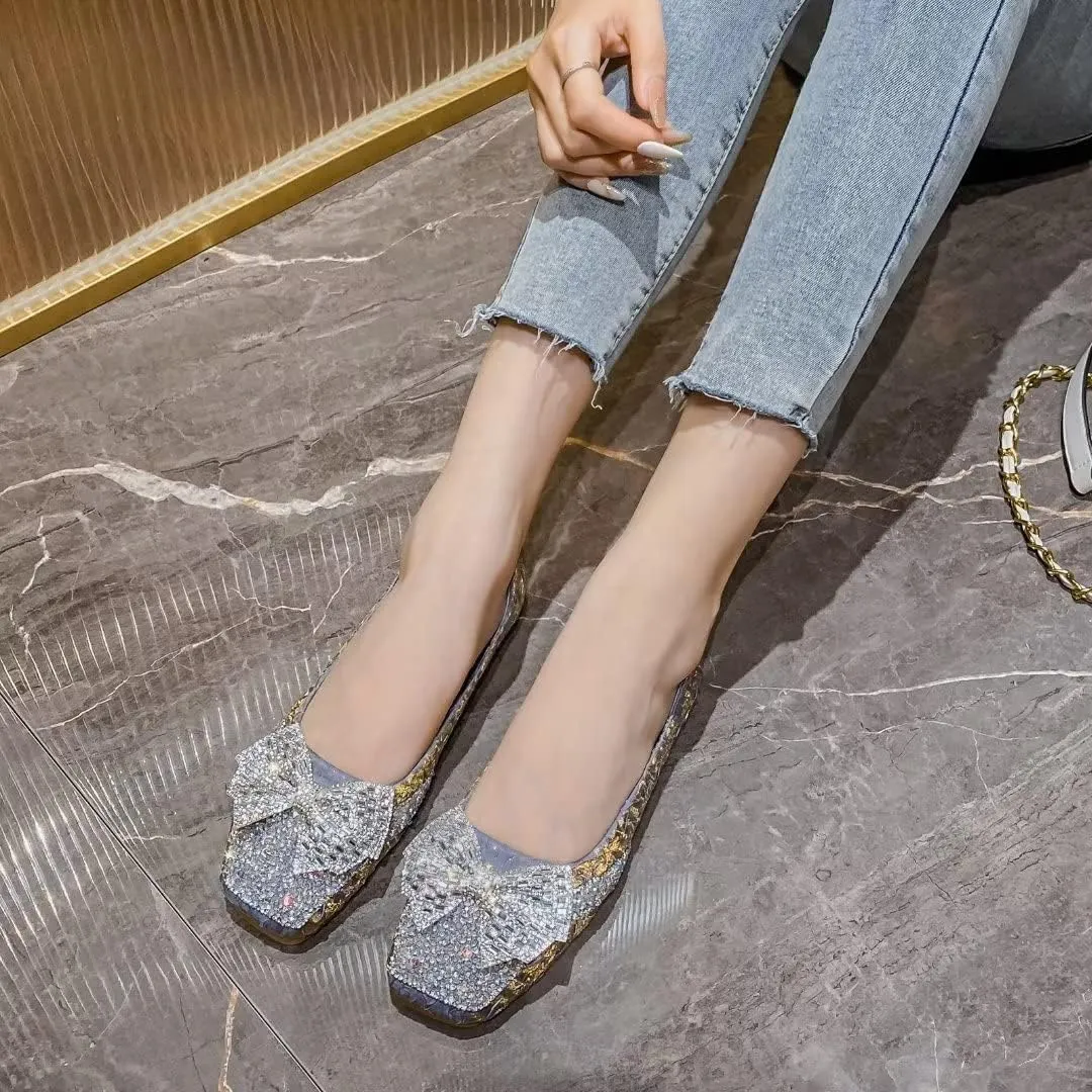 Stunner Flats For Women Comfortable Square Toe Bowknot Ballet Flats Slip On Casual Flats Shiny Rhinestone Wedding Flats