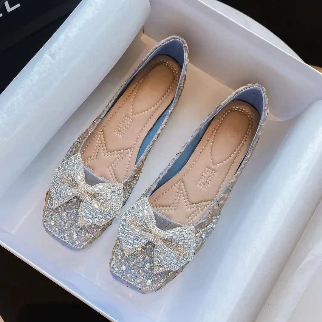 Stunner Flats For Women Comfortable Square Toe Bowknot Ballet Flats Slip On Casual Flats Shiny Rhinestone Wedding Flats