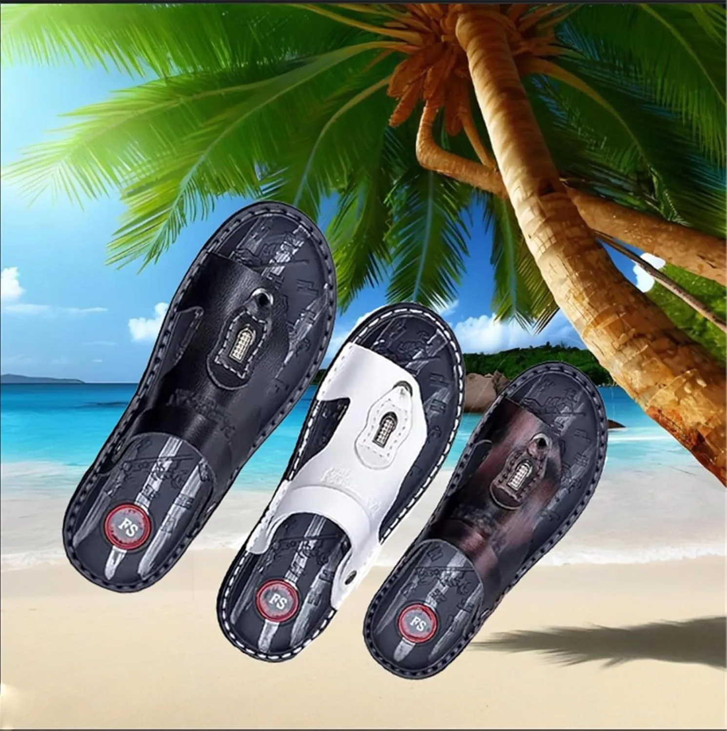 Summer Breathable Slip-On Arch Support Bunion Corrector Sandals for Men's, Casual Durable Two Uses Split Toe PU Non-slip Beach Sandals, for Dad Men Grandpa, Arch of Foot, Foot Correction(Black,8)