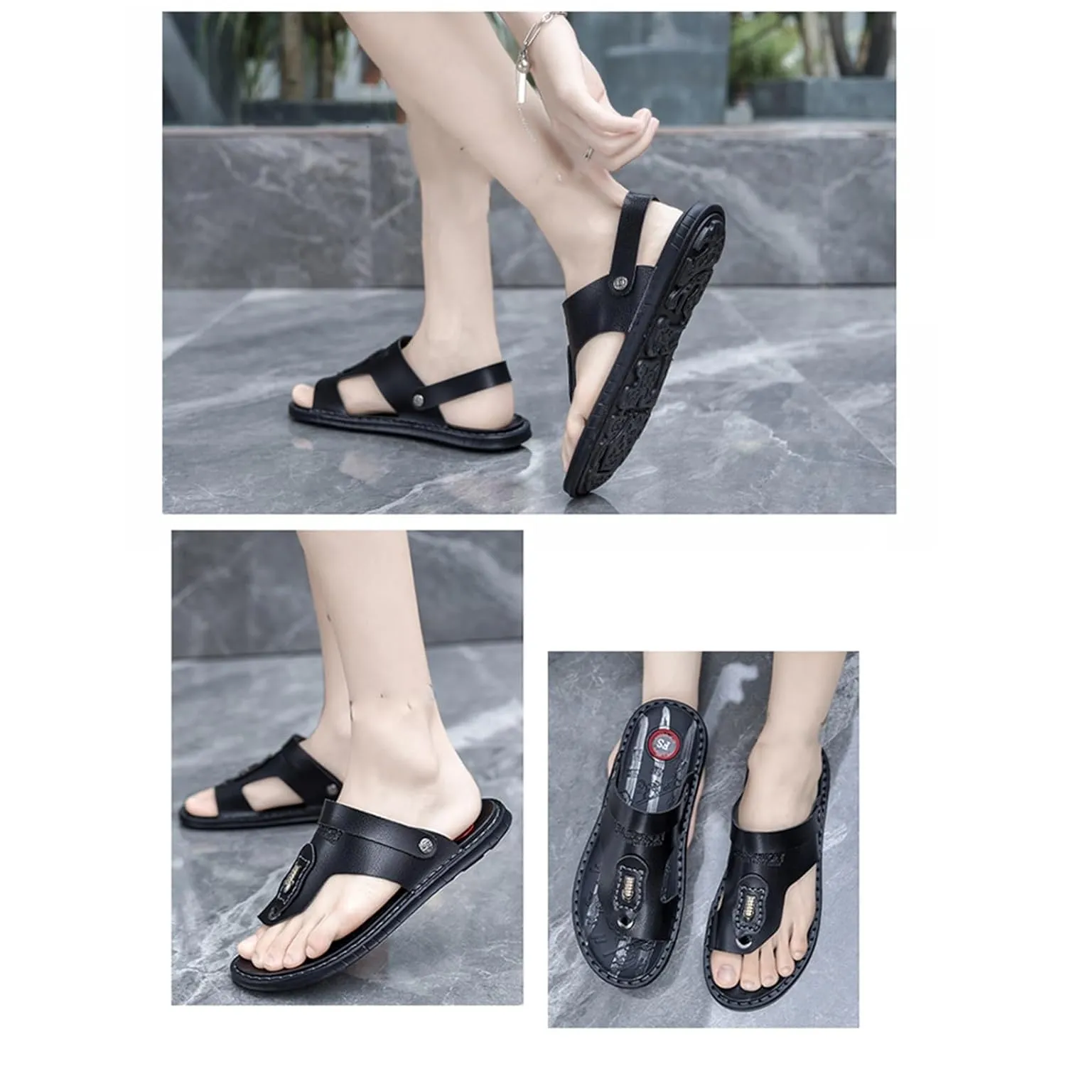Summer Breathable Slip-On Arch Support Bunion Corrector Sandals for Men's, Casual Durable Two Uses Split Toe PU Non-slip Beach Sandals, for Dad Men Grandpa, Arch of Foot, Foot Correction(Black,8)