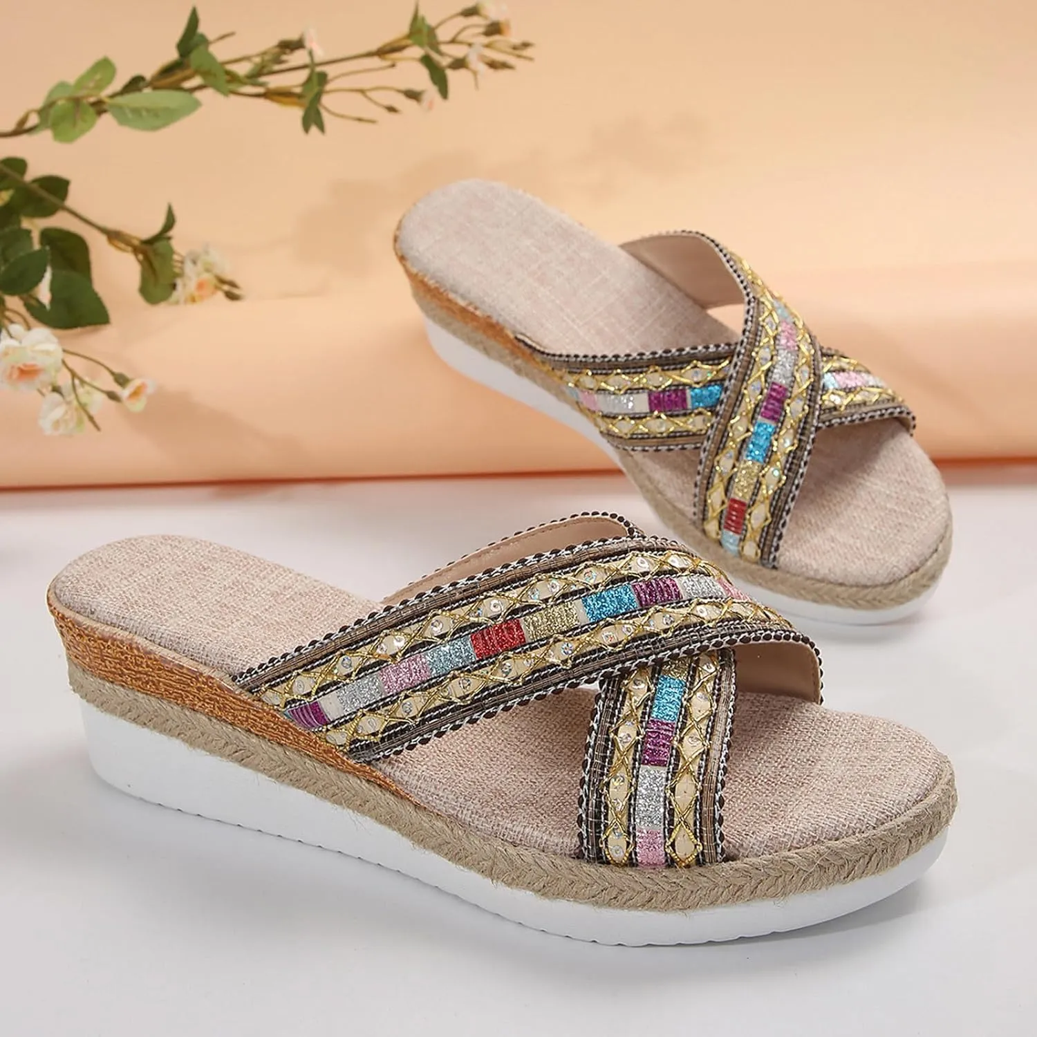 Summer Casual Sequin Colour Blocking Bohemian Weaving Thick Bottom Slope Heel Large Size Women's Wide Width Heels