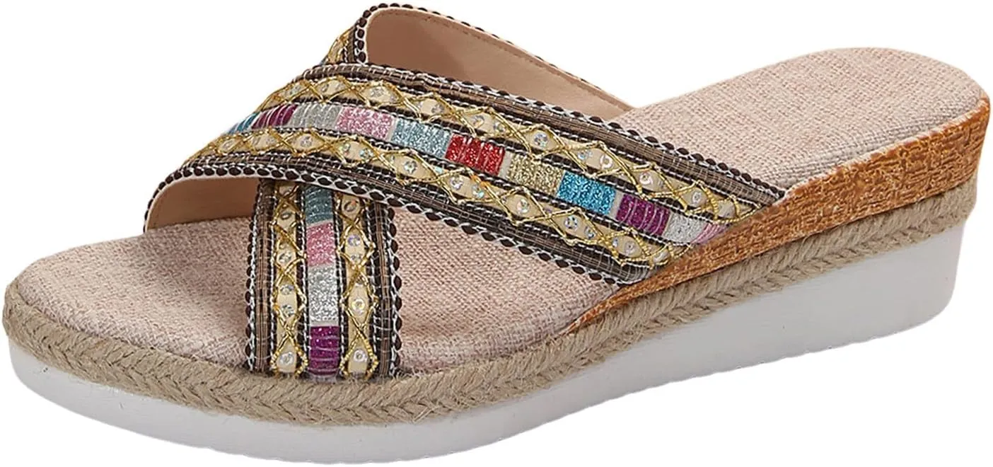 Summer Casual Sequin Colour Blocking Bohemian Weaving Thick Bottom Slope Heel Large Size Women's Wide Width Heels