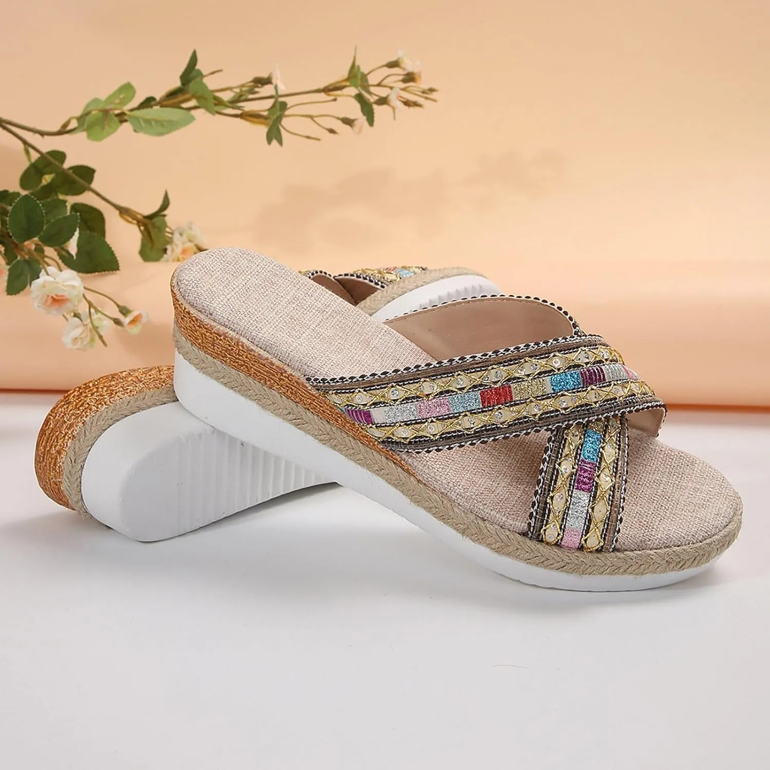 Summer Casual Sequin Colour Blocking Bohemian Weaving Thick Bottom Slope Heel Large Size Women's Wide Width Heels