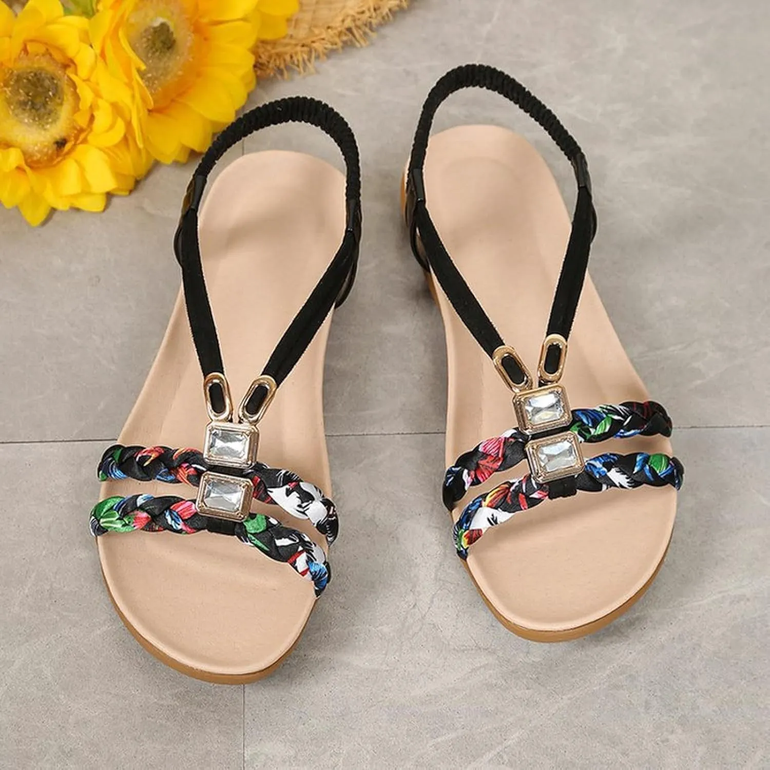 Summer Sandals for Women 2025 Boho Woven Low Wedge Sandals Elastic Ankle Strap Flip Flops, Comfort Walking Shoes Dressy Bohemian Thong Sandal Beach Vacation