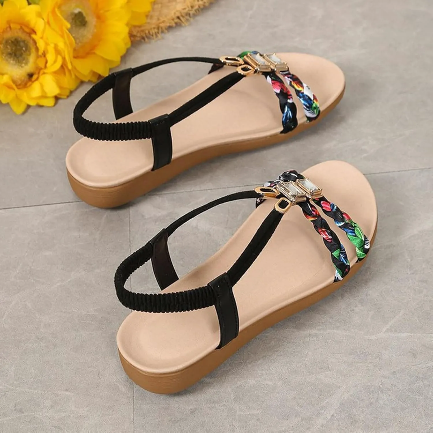 Summer Sandals for Women 2025 Boho Woven Low Wedge Sandals Elastic Ankle Strap Flip Flops, Comfort Walking Shoes Dressy Bohemian Thong Sandal Beach Vacation
