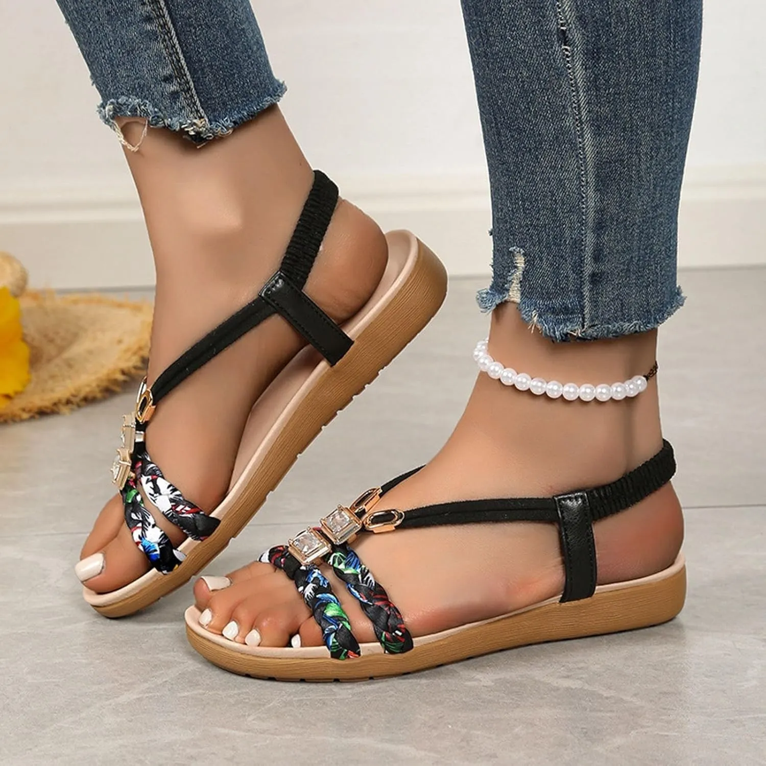 Summer Sandals for Women 2025 Boho Woven Low Wedge Sandals Elastic Ankle Strap Flip Flops, Comfort Walking Shoes Dressy Bohemian Thong Sandal Beach Vacation