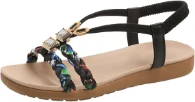 Summer Sandals for Women 2025 Boho Woven Low Wedge Sandals Elastic Ankle Strap Flip Flops, Comfort Walking Shoes Dressy Bohemian Thong Sandal Beach Vacation