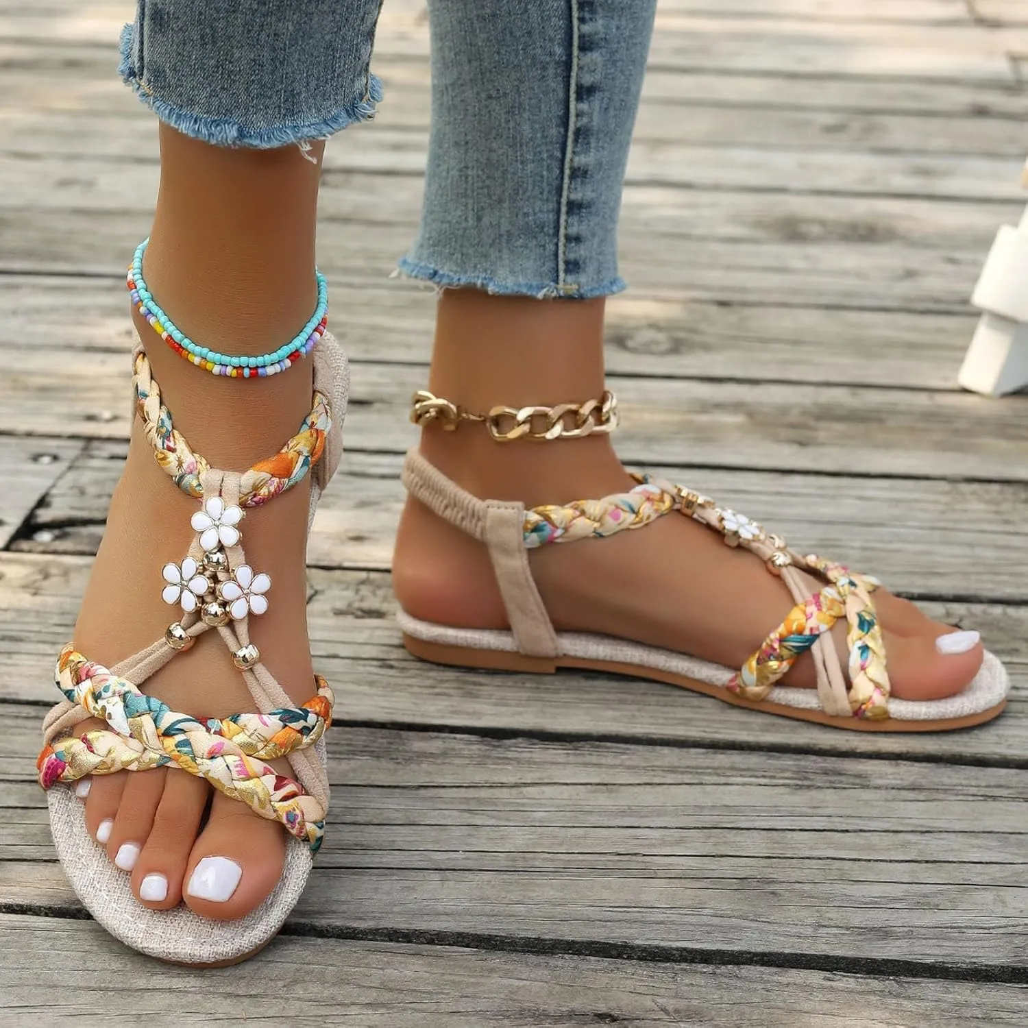 Summer Sandals for Women Boho Beach Vacation Flip Flops Casual Bohemian Sandals Open Toe Jeweled Flat Sandal Vintage Elegant Shoes Comfortable Thong Flats with Ankle Strap