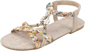 Summer Sandals for Women Boho Beach Vacation Flip Flops Casual Bohemian Sandals Open Toe Jeweled Flat Sandal Vintage Elegant Shoes Comfortable Thong Flats with Ankle Strap