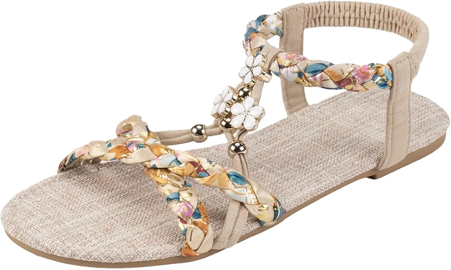 Summer Sandals for Women Boho Beach Vacation Flip Flops Casual Bohemian Sandals Open Toe Jeweled Flat Sandal Vintage Elegant Shoes Comfortable Thong Flats with Ankle Strap