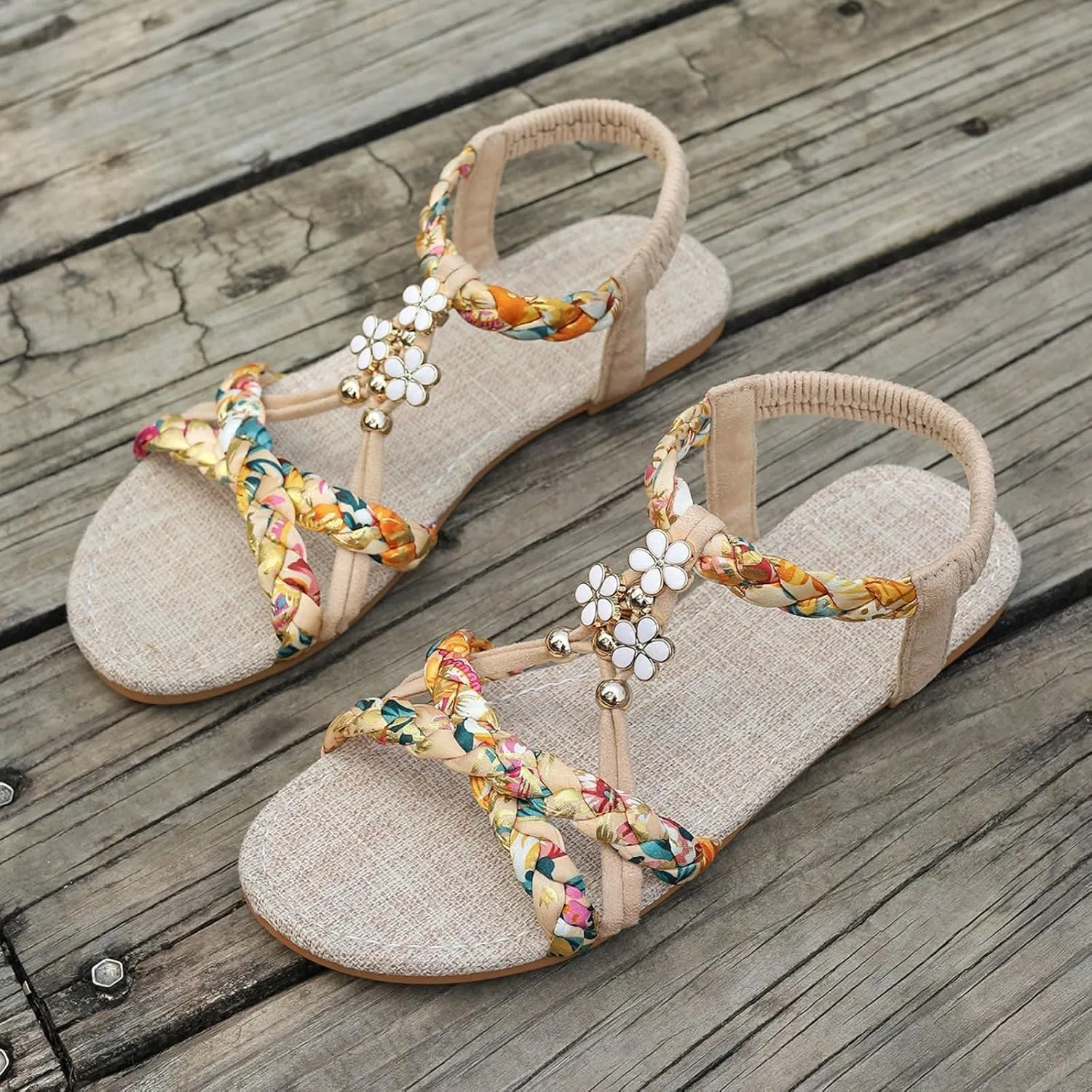 Summer Sandals for Women Boho Beach Vacation Flip Flops Casual Bohemian Sandals Open Toe Jeweled Flat Sandal Vintage Elegant Shoes Comfortable Thong Flats with Ankle Strap