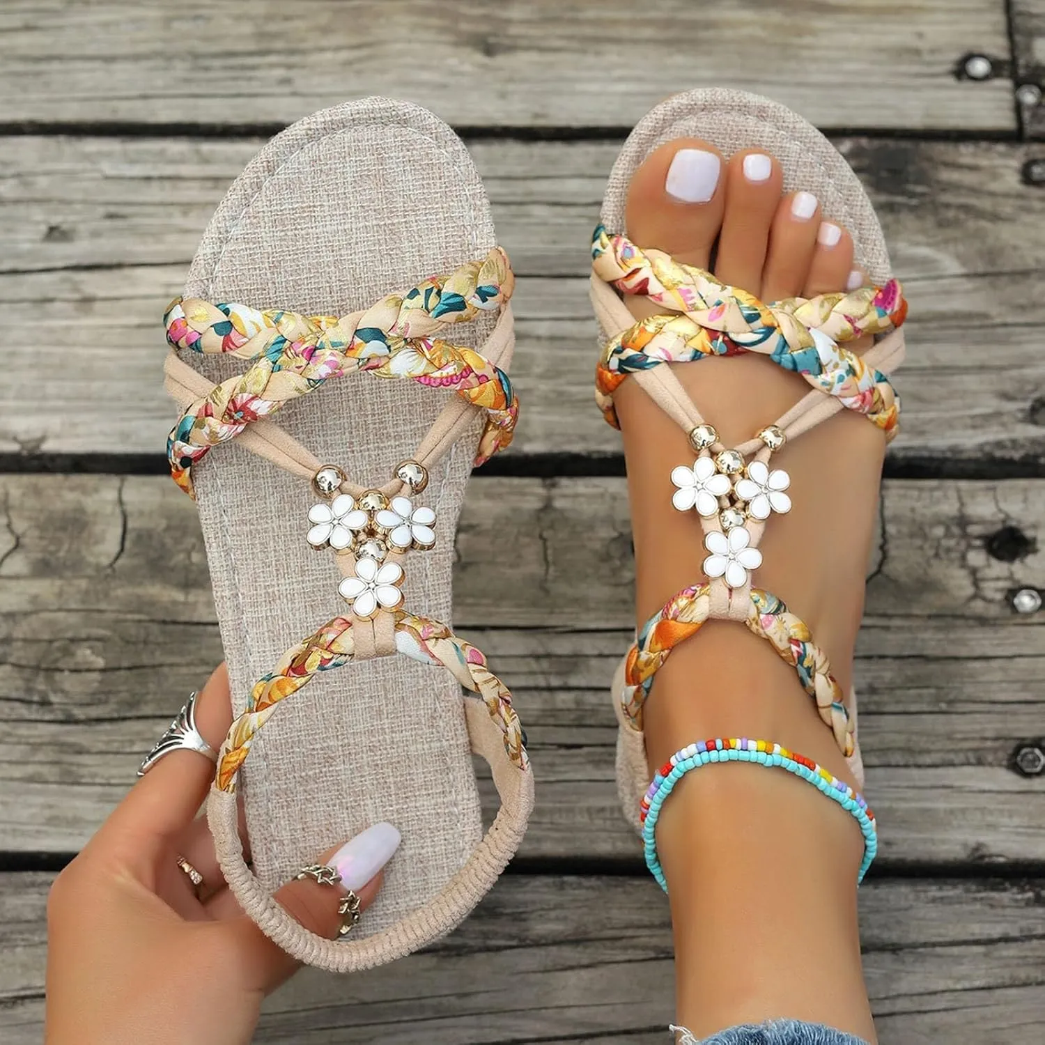 Summer Sandals for Women Boho Beach Vacation Flip Flops Casual Bohemian Sandals Open Toe Jeweled Flat Sandal Vintage Elegant Shoes Comfortable Thong Flats with Ankle Strap