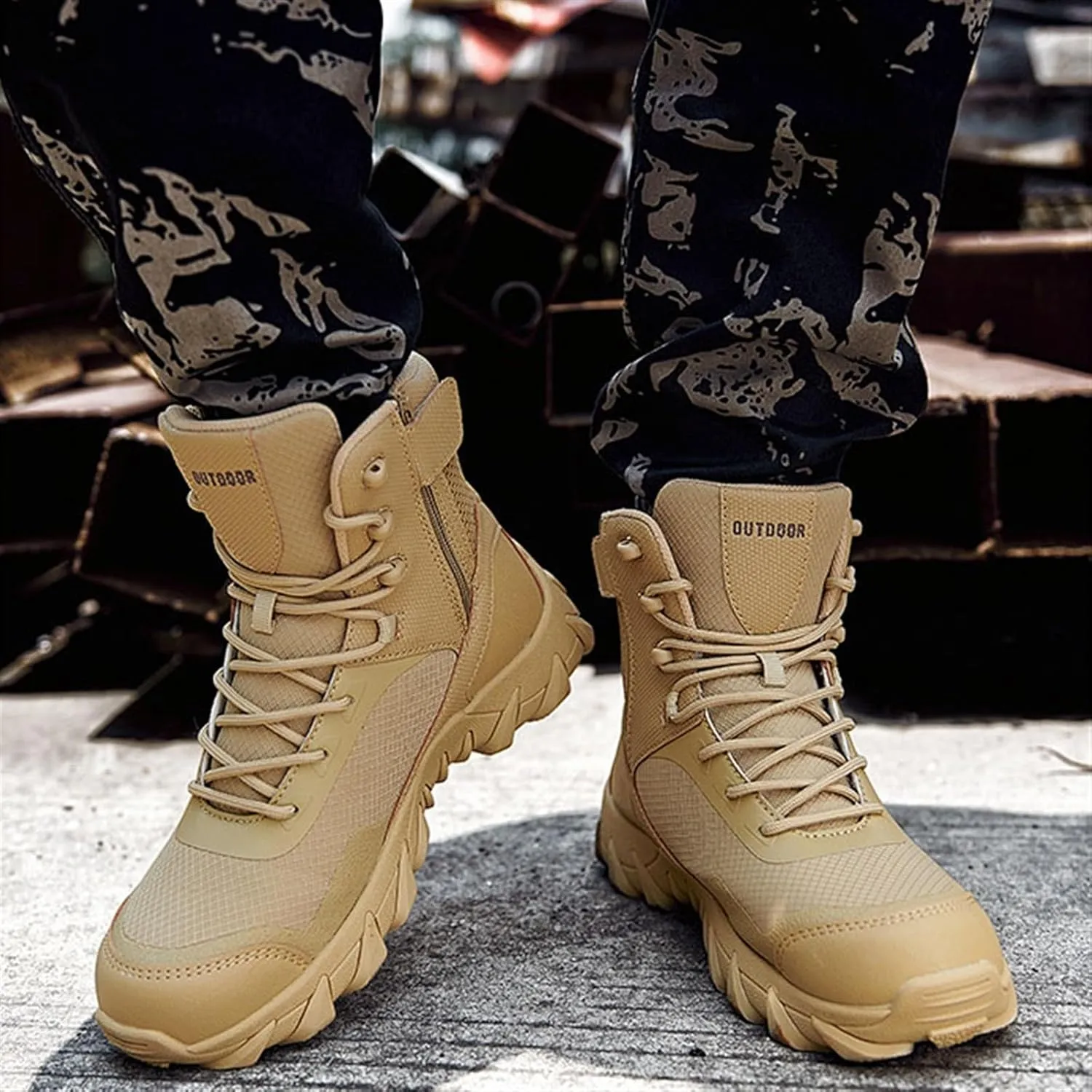 Tactical Boots for Men Waterproof, Men's Plus Size Side Zipper High Top Jungle Military Boots, Breathable Anti-Slip Wear Resistant Boots, for Hiking, Hunting, Working, Walking