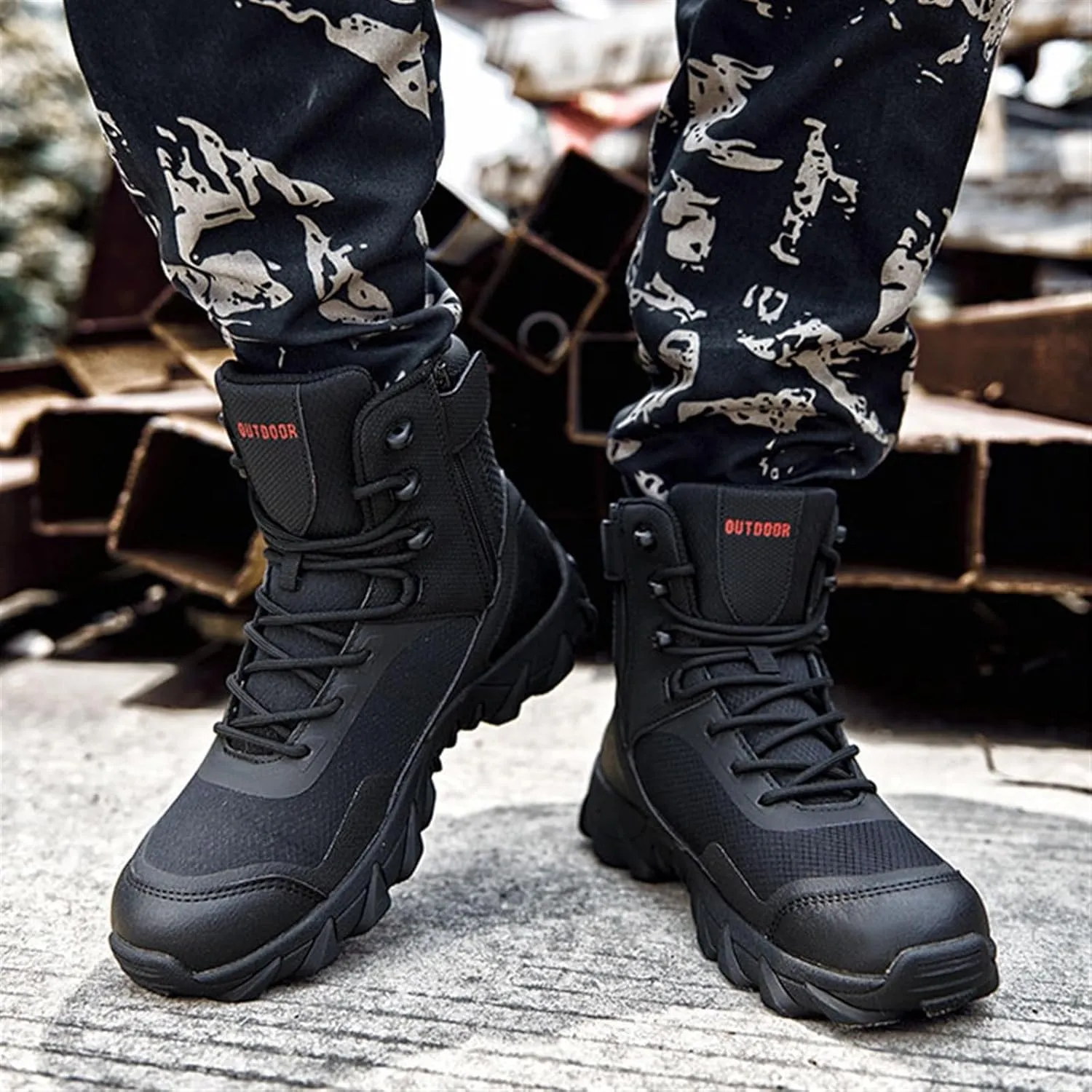 Tactical Boots for Men Waterproof, Men's Plus Size Side Zipper High Top Jungle Military Boots, Breathable Anti-Slip Wear Resistant Boots, for Hiking, Hunting, Working, Walking