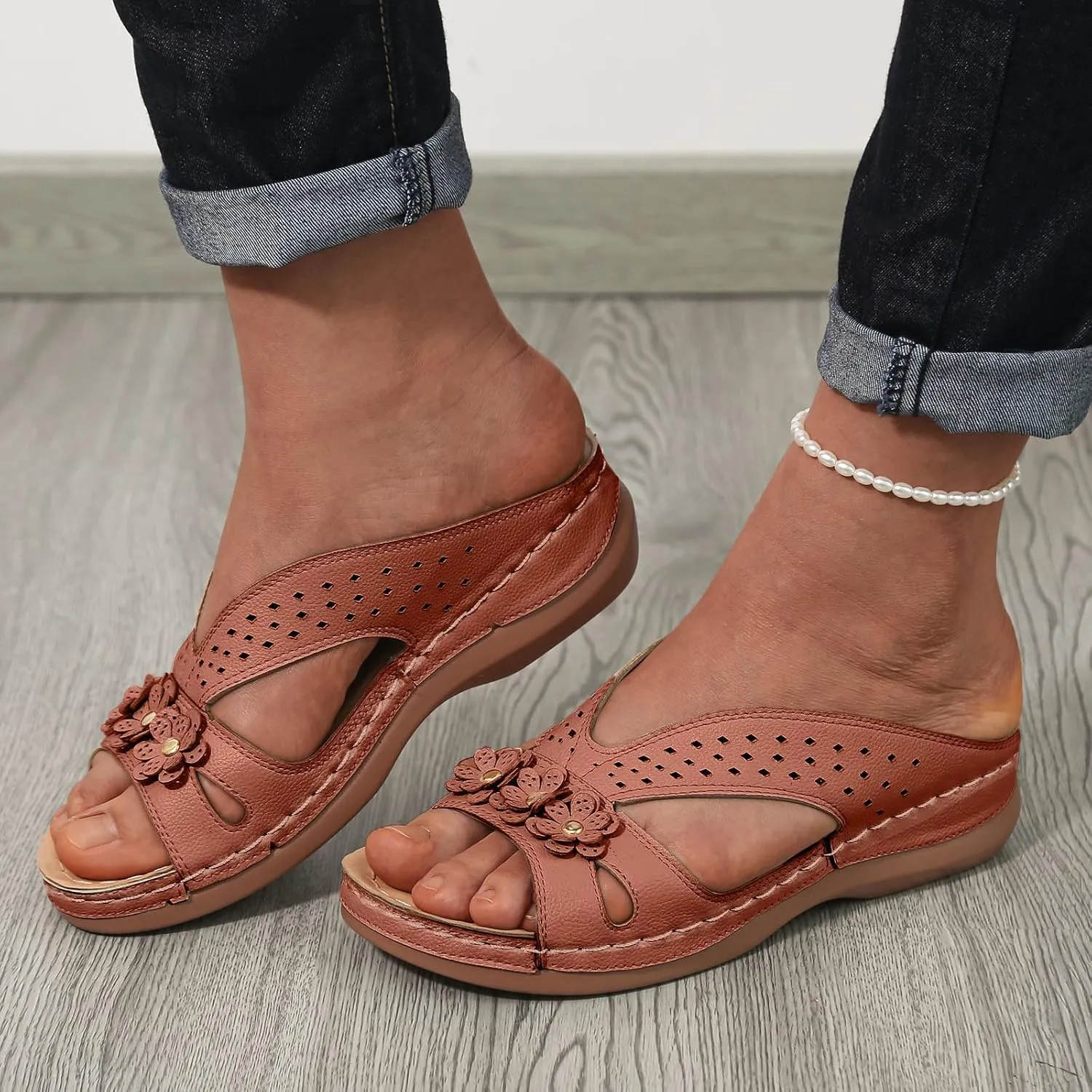 Temperament Wedge Sandals for Women Lightweight Memory Foam Sandals Arch Support Walking Wedges Sandals for Women Tan