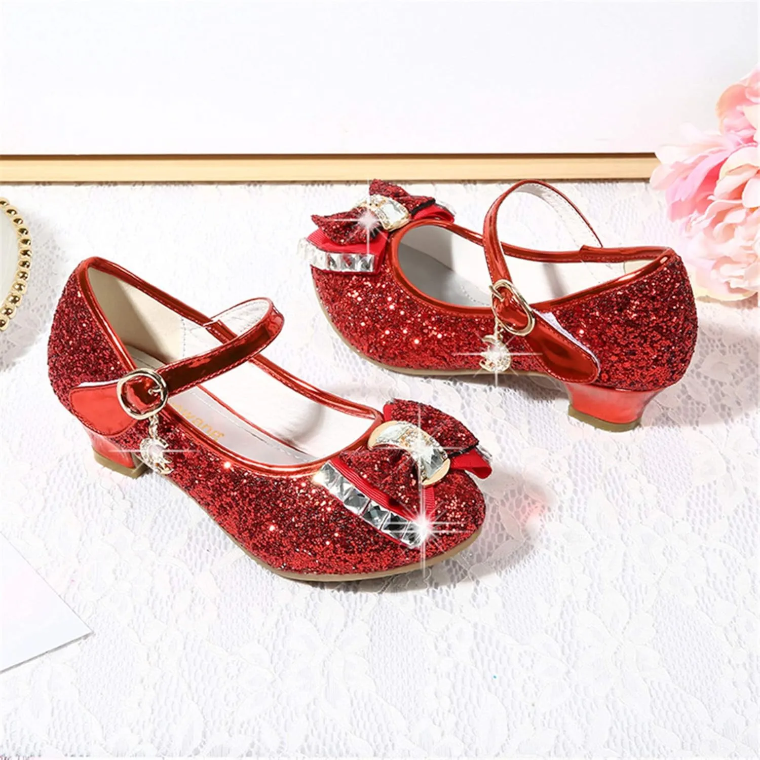 TN TANGNEST Sequined Bowknot Girls Princess Shoes Dress Shoes Wedding Party Low Heel Mary Jane Shoes