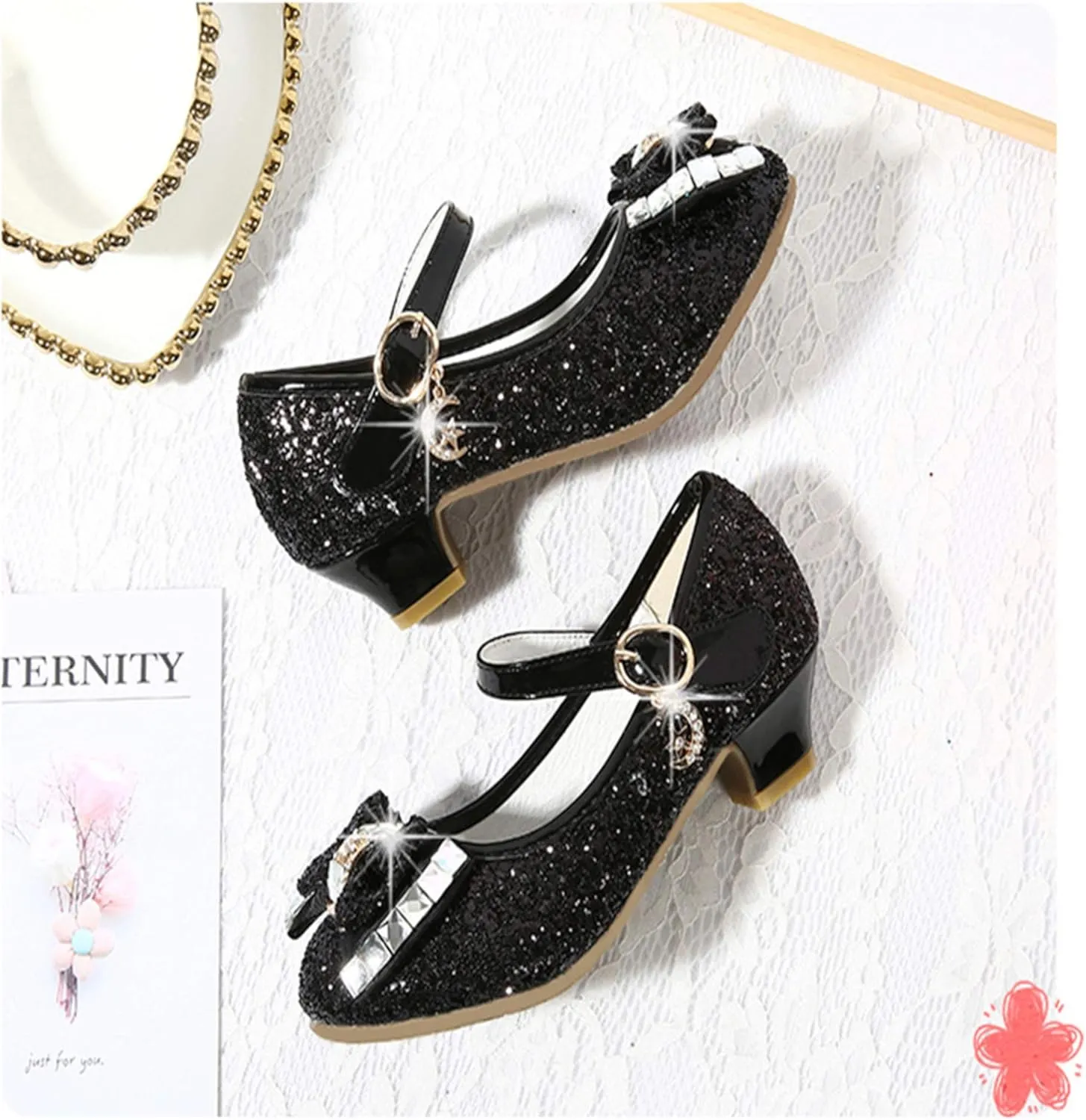 TN TANGNEST Sequined Bowknot Girls Princess Shoes Dress Shoes Wedding Party Low Heel Mary Jane Shoes