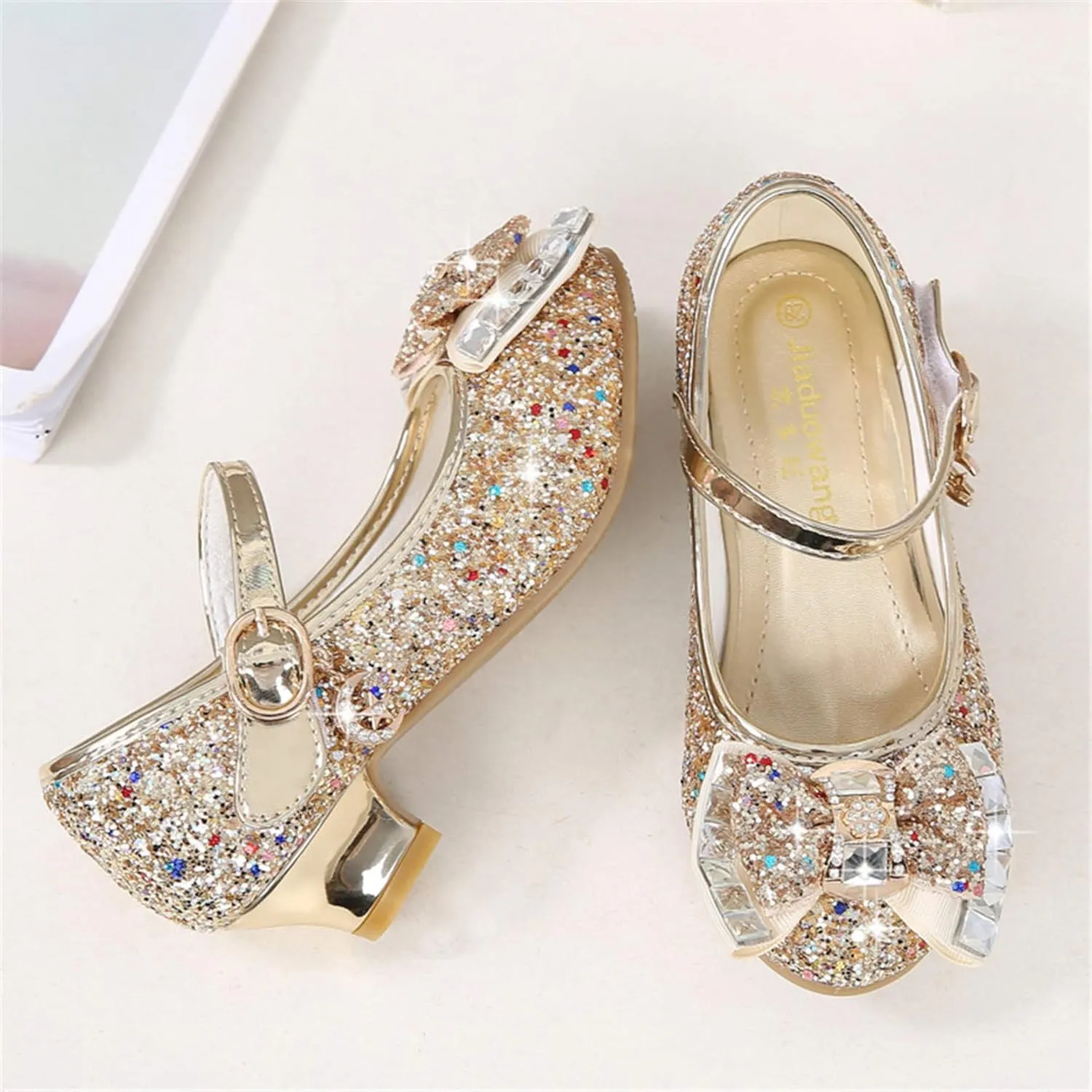 TN TANGNEST Sequined Bowknot Girls Princess Shoes Dress Shoes Wedding Party Low Heel Mary Jane Shoes