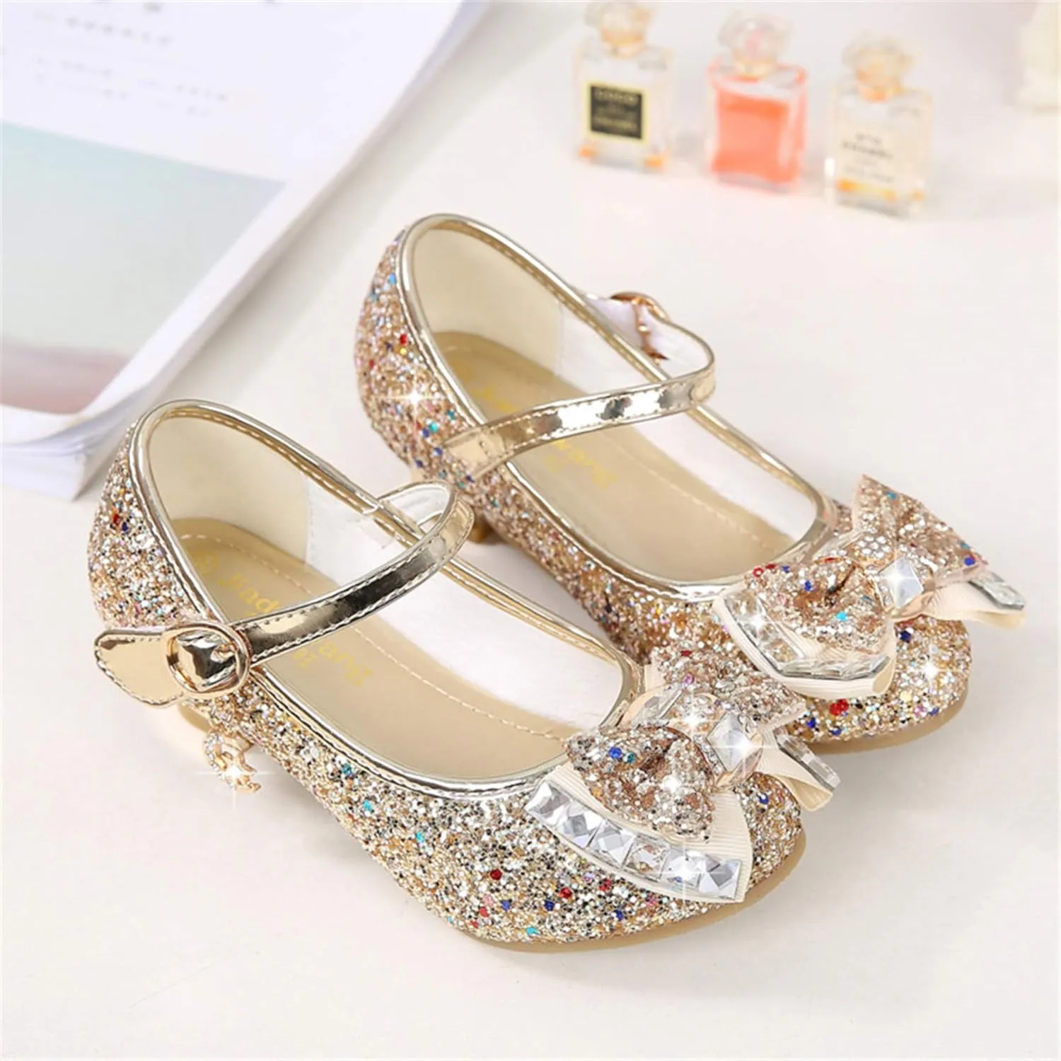 TN TANGNEST Sequined Bowknot Girls Princess Shoes Dress Shoes Wedding Party Low Heel Mary Jane Shoes