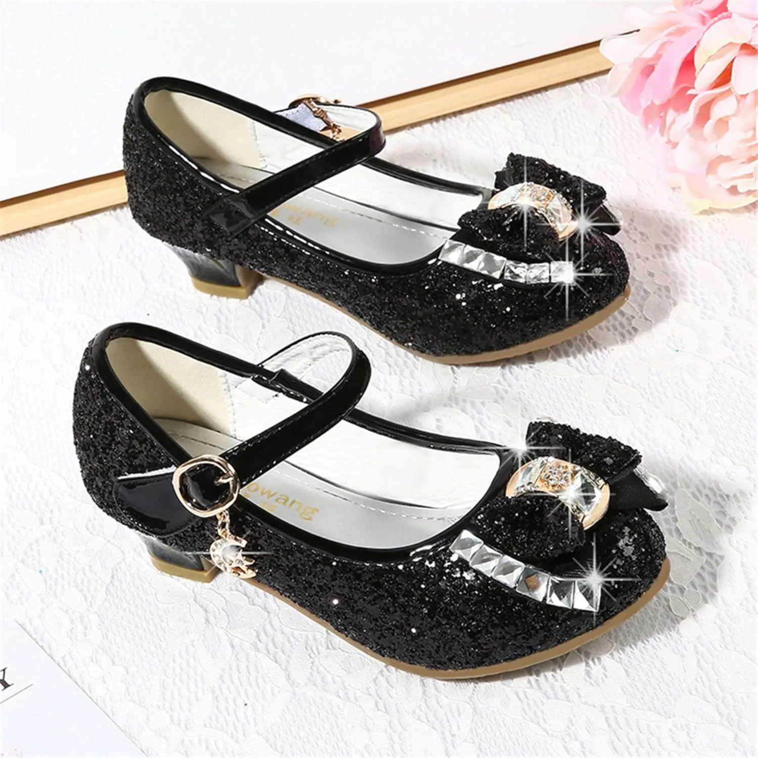 TN TANGNEST Sequined Bowknot Girls Princess Shoes Dress Shoes Wedding Party Low Heel Mary Jane Shoes