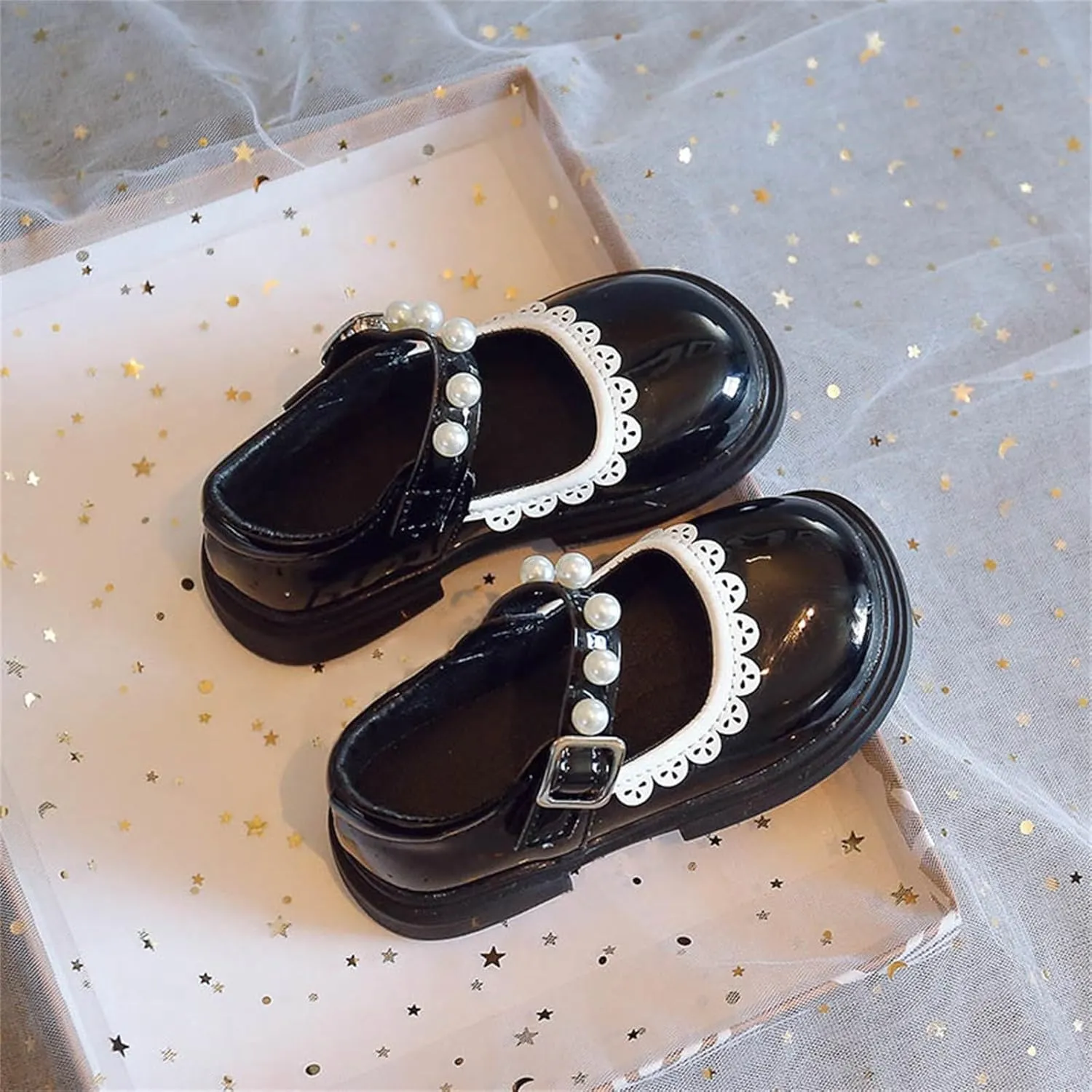 Toddler Baby Girls Mary Jane Flat with Pearls Kids Formal School Dress Shoes Infant Slip On Paten Girls Slippers
