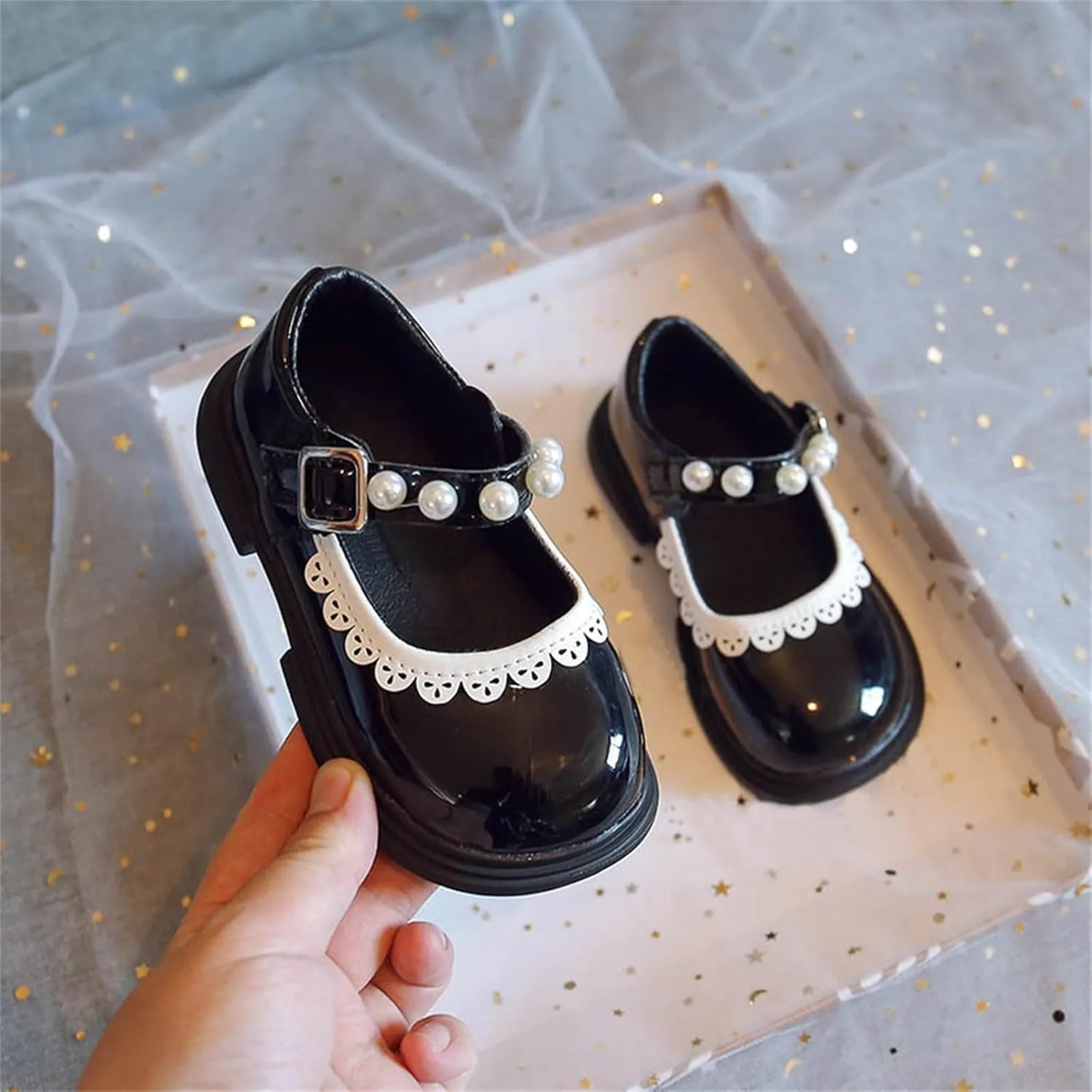 Toddler Baby Girls Mary Jane Flat with Pearls Kids Formal School Dress Shoes Infant Slip On Paten Girls Slippers