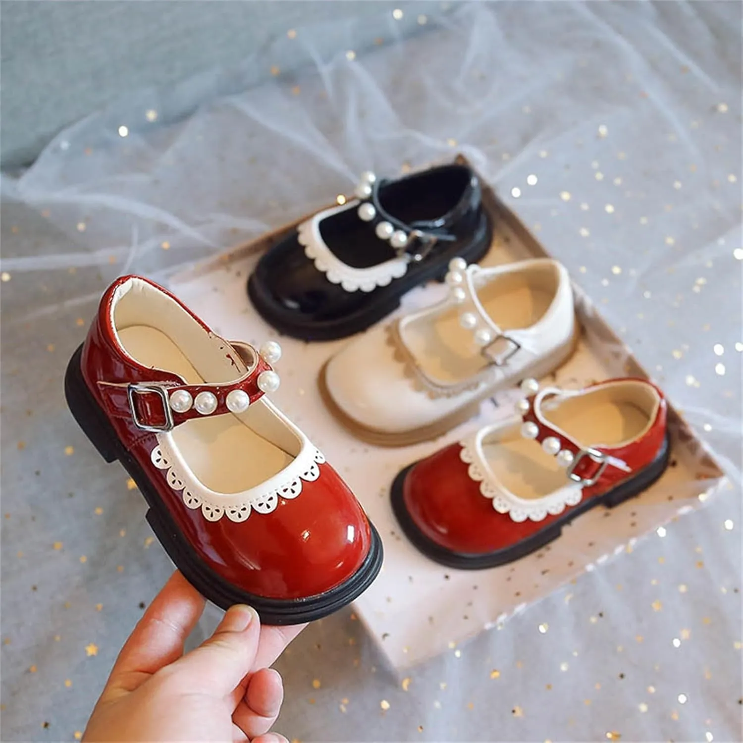 Toddler Baby Girls Mary Jane Flat with Pearls Kids Formal School Dress Shoes Infant Slip On Paten Girls Slippers