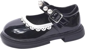 Toddler Baby Girls Mary Jane Flat with Pearls Kids Formal School Dress Shoes Infant Slip On Paten Girls Slippers