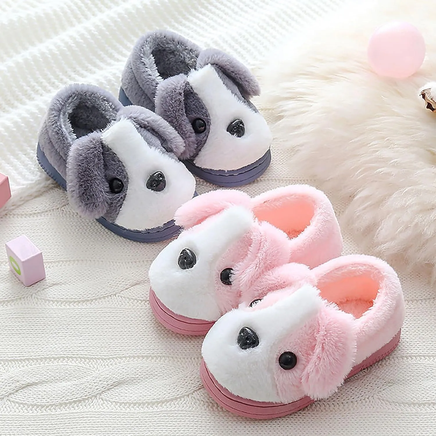 Toddler Fuzzy Slippers Girls Boys Cartoon Cute Animals Dog House Slippers Plush Warm Home Shoes Winter Indoor Outdoor