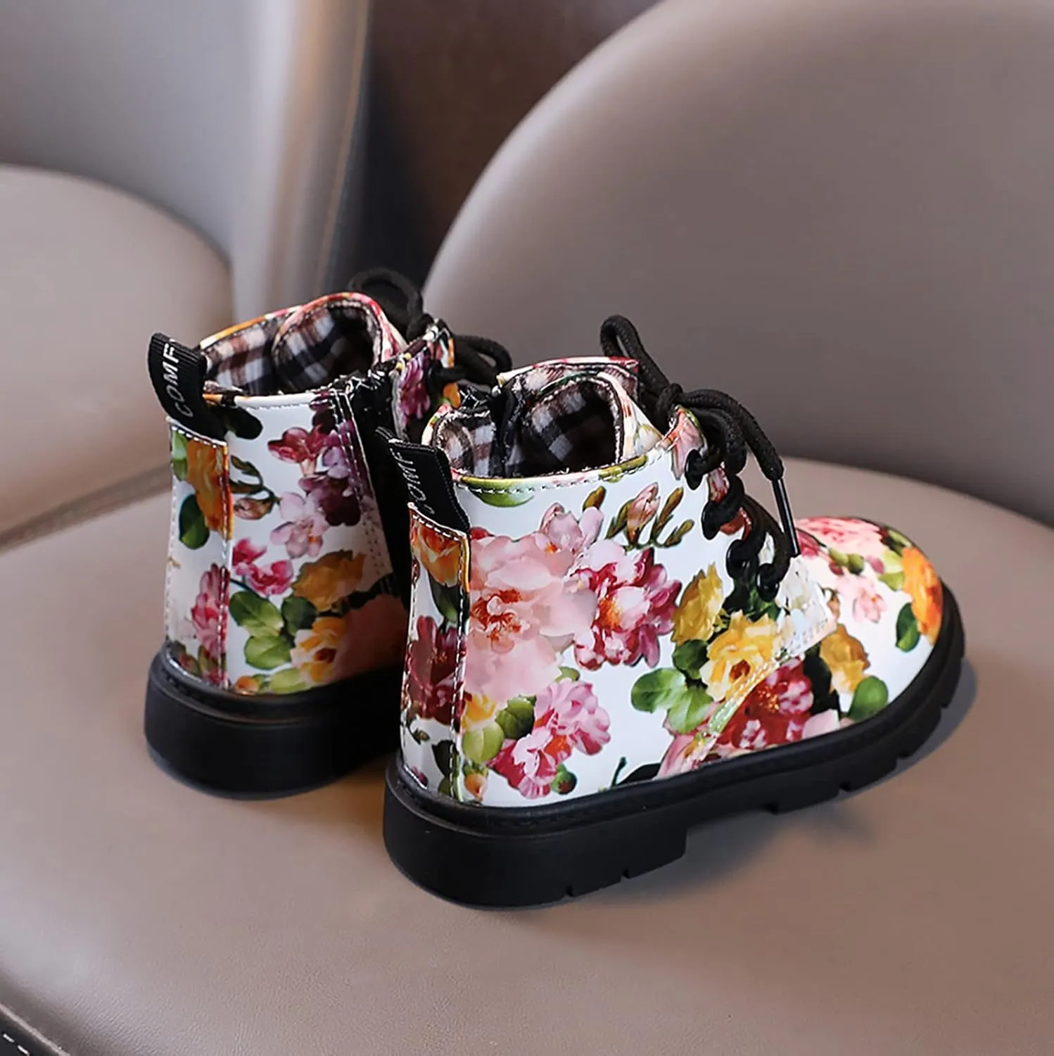 Toddler Girls Boots helsea aterproof Ankle Booties Floral Prints Chunky Heel Lug Sole Elastic Fashion Shoes