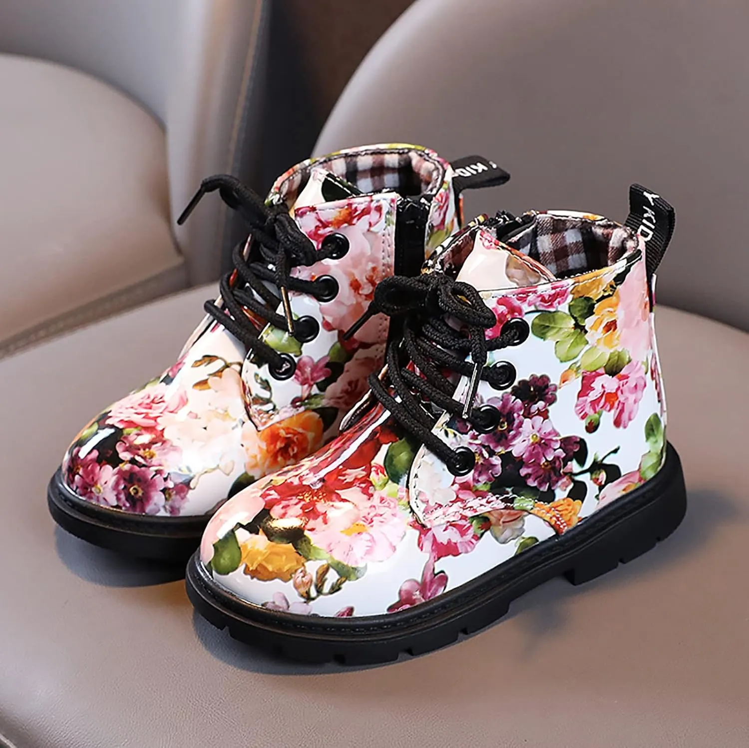 Toddler Girls Boots helsea aterproof Ankle Booties Floral Prints Chunky Heel Lug Sole Elastic Fashion Shoes