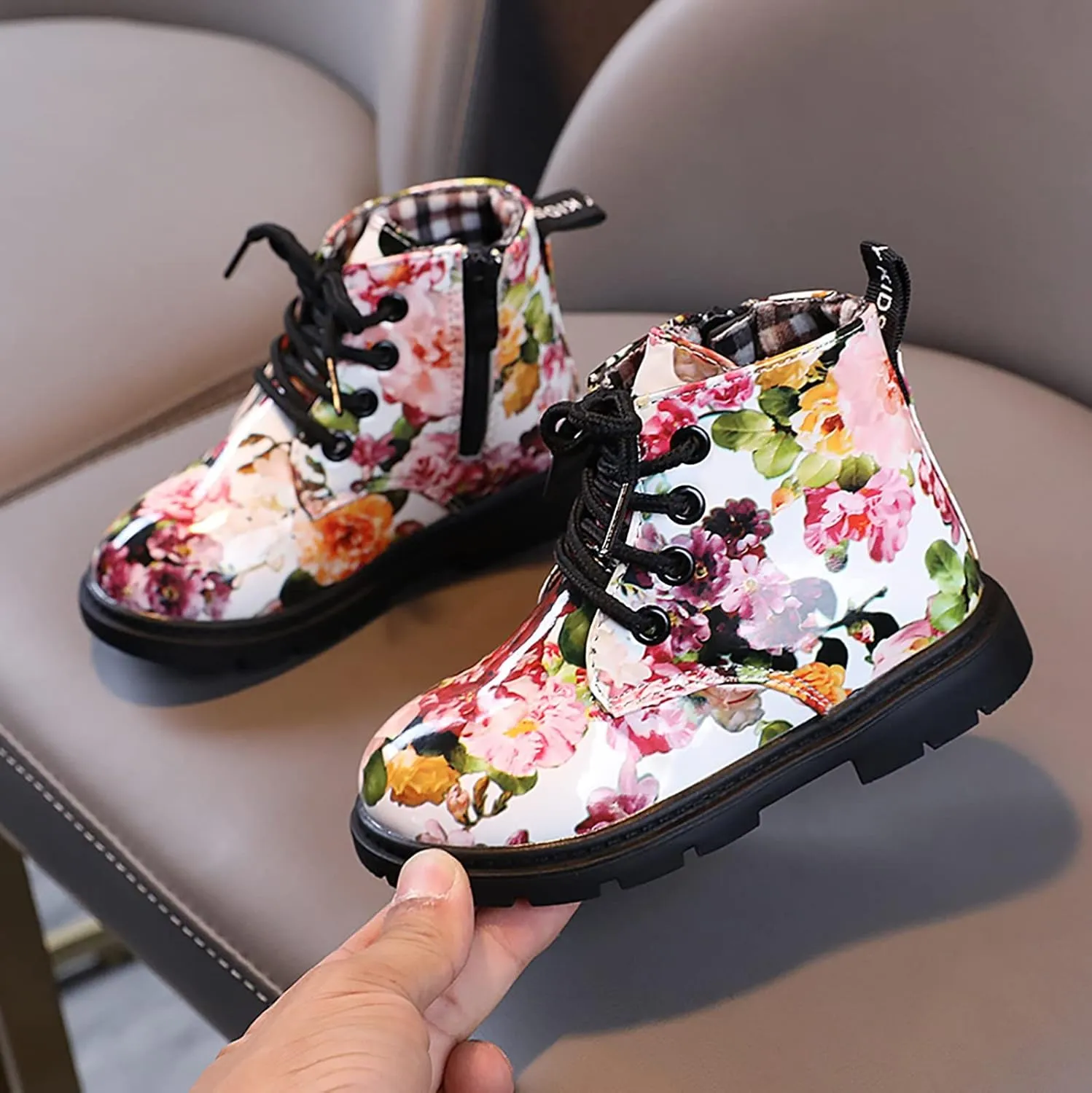 Toddler Girls Boots helsea aterproof Ankle Booties Floral Prints Chunky Heel Lug Sole Elastic Fashion Shoes
